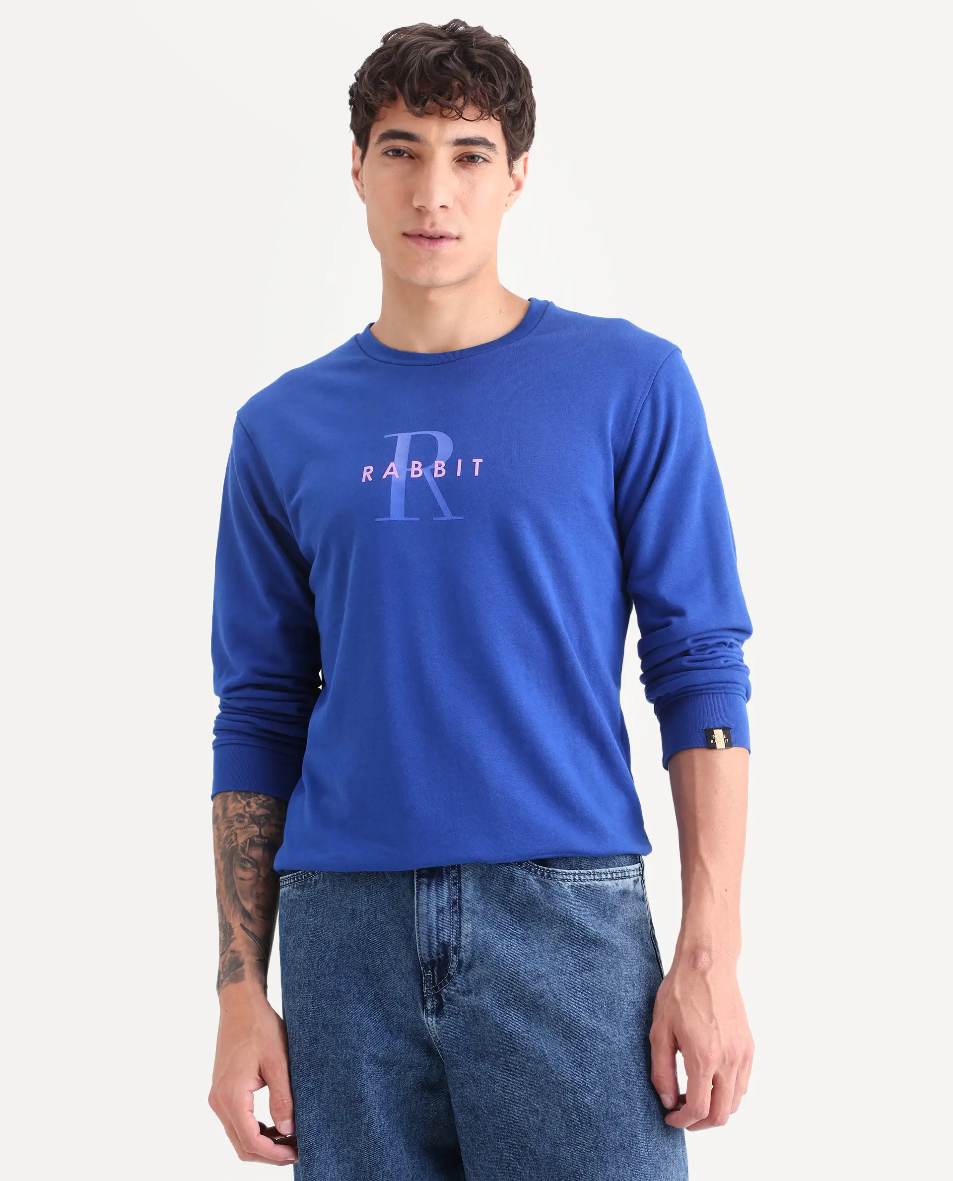 Rare Rabbit Men's Brewet Flouroscent Blue Cotton Graphic Print Regular Fit Full Sleeve Crew Neck Sweatshirt - Image 4