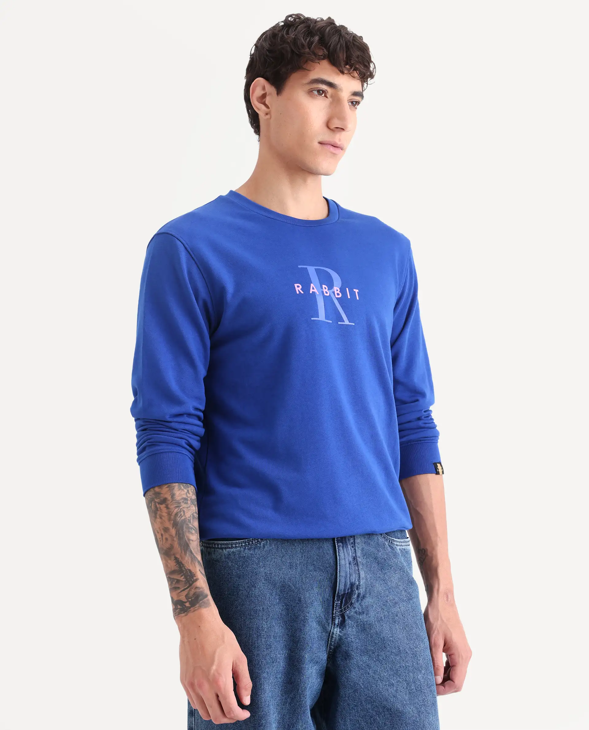 Rare Rabbit Men's Brewet Flouroscent Blue Cotton Graphic Print Regular Fit Full Sleeve Crew Neck Sweatshirt - Image 5