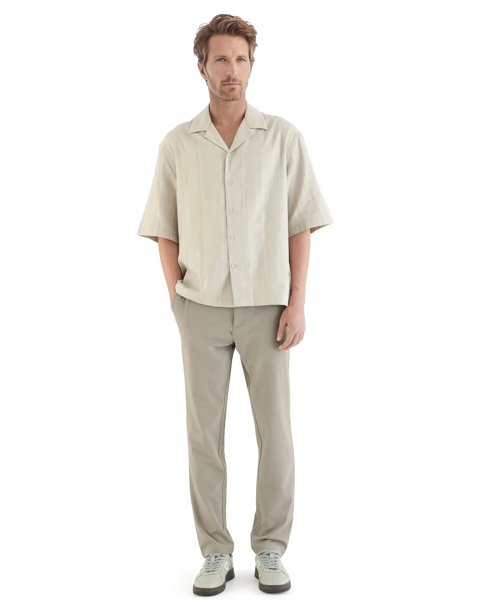 Rare Rabbit Men's Brex Beige Cotton Blend Striped Print Boxy Fit Half Sleeve Cuban Collar Shirt - Image 2