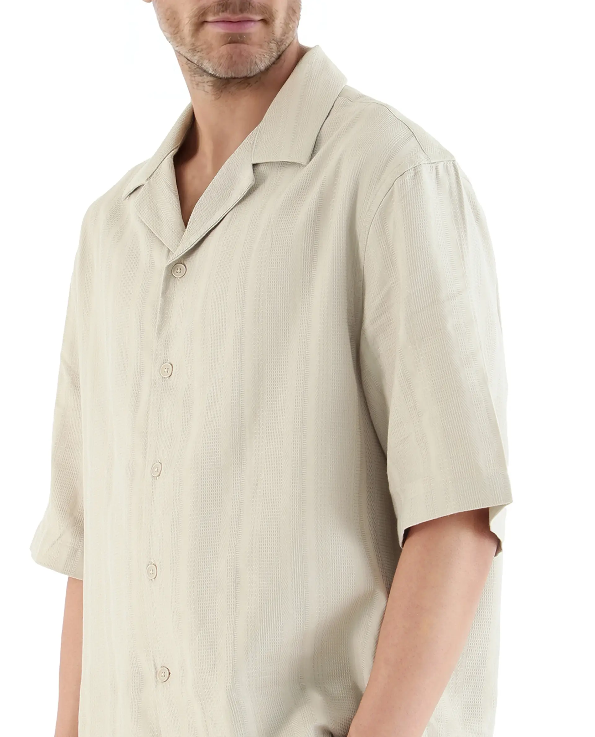 Rare Rabbit Men's Brex Beige Cotton Blend Striped Print Boxy Fit Half Sleeve Cuban Collar Shirt - Image 3