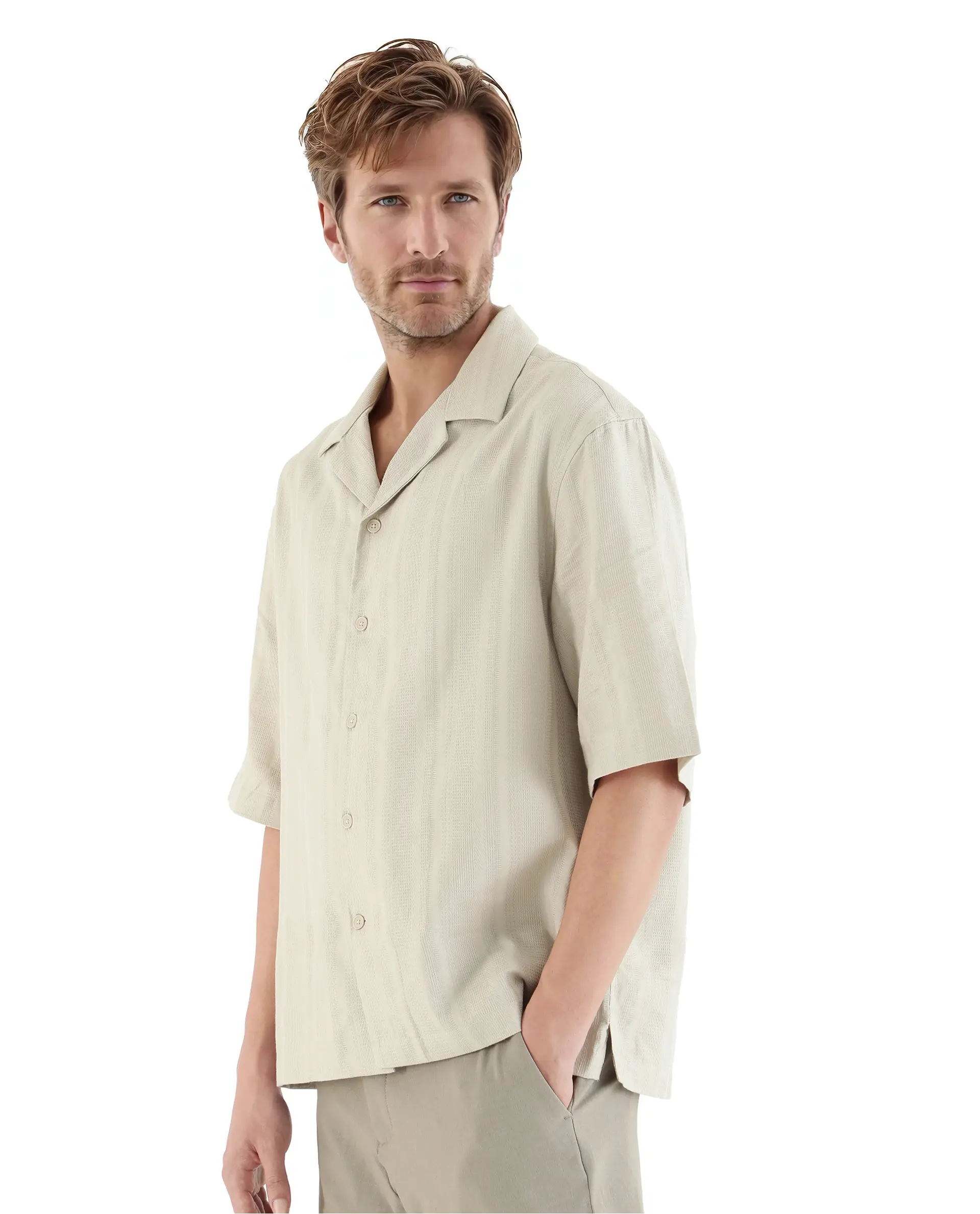 Rare Rabbit Men's Brex Beige Cotton Blend Striped Print Boxy Fit Half Sleeve Cuban Collar Shirt - Image 5