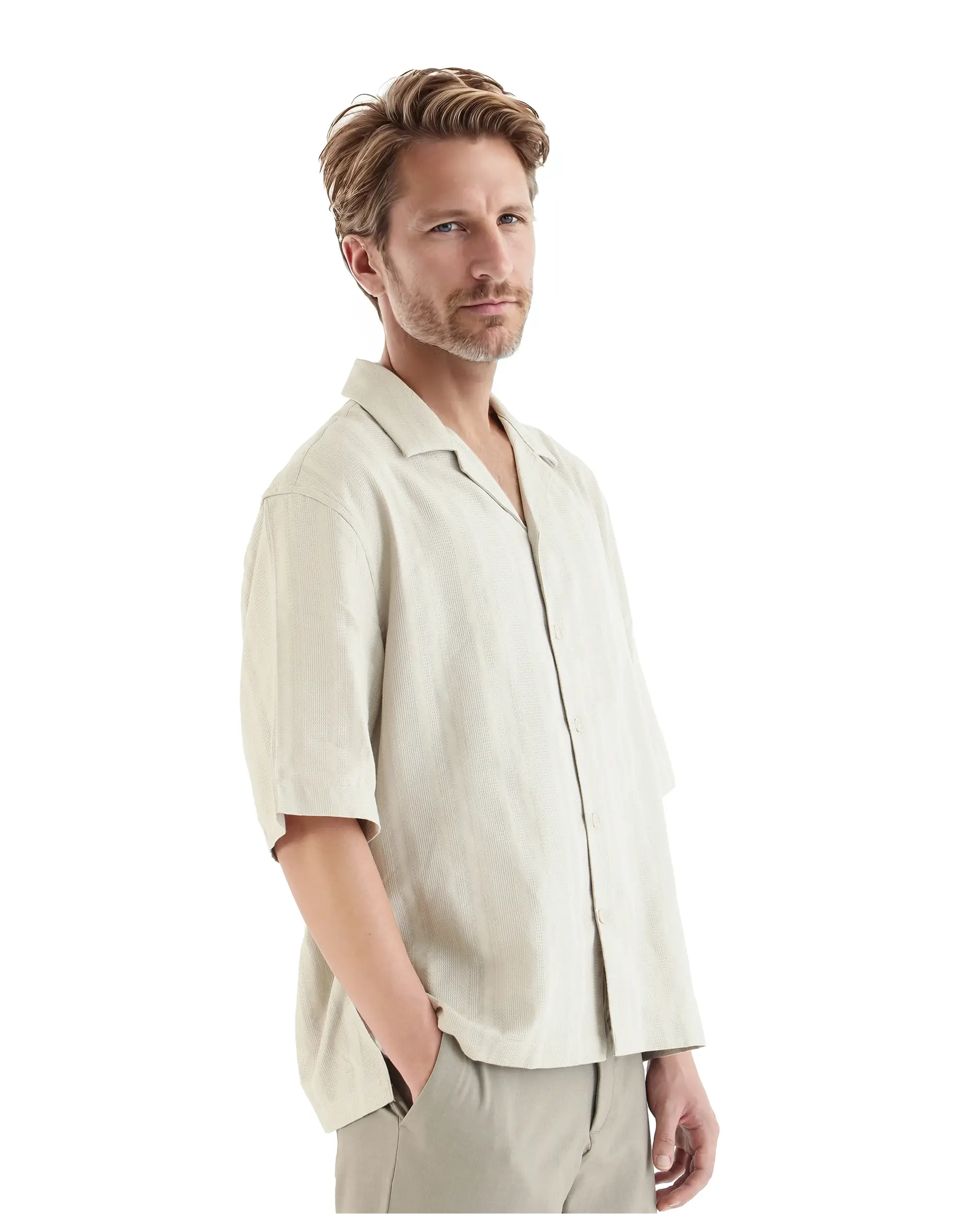 Rare Rabbit Men's Brex Beige Cotton Blend Striped Print Boxy Fit Half Sleeve Cuban Collar Shirt - Image 6
