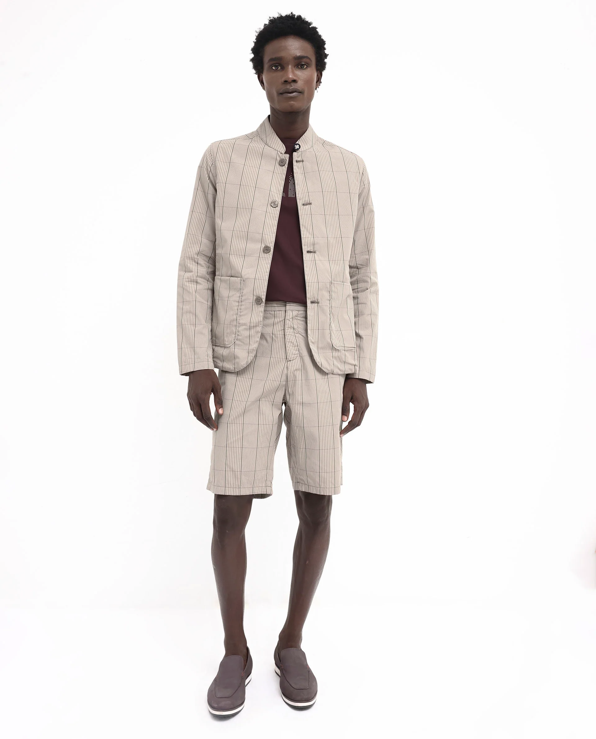 Rare Rabbit Men's Brez Brown Cotton Checked Print Relaxed Fit Full Sleeve Mandarin Collar Jacket - Image 2