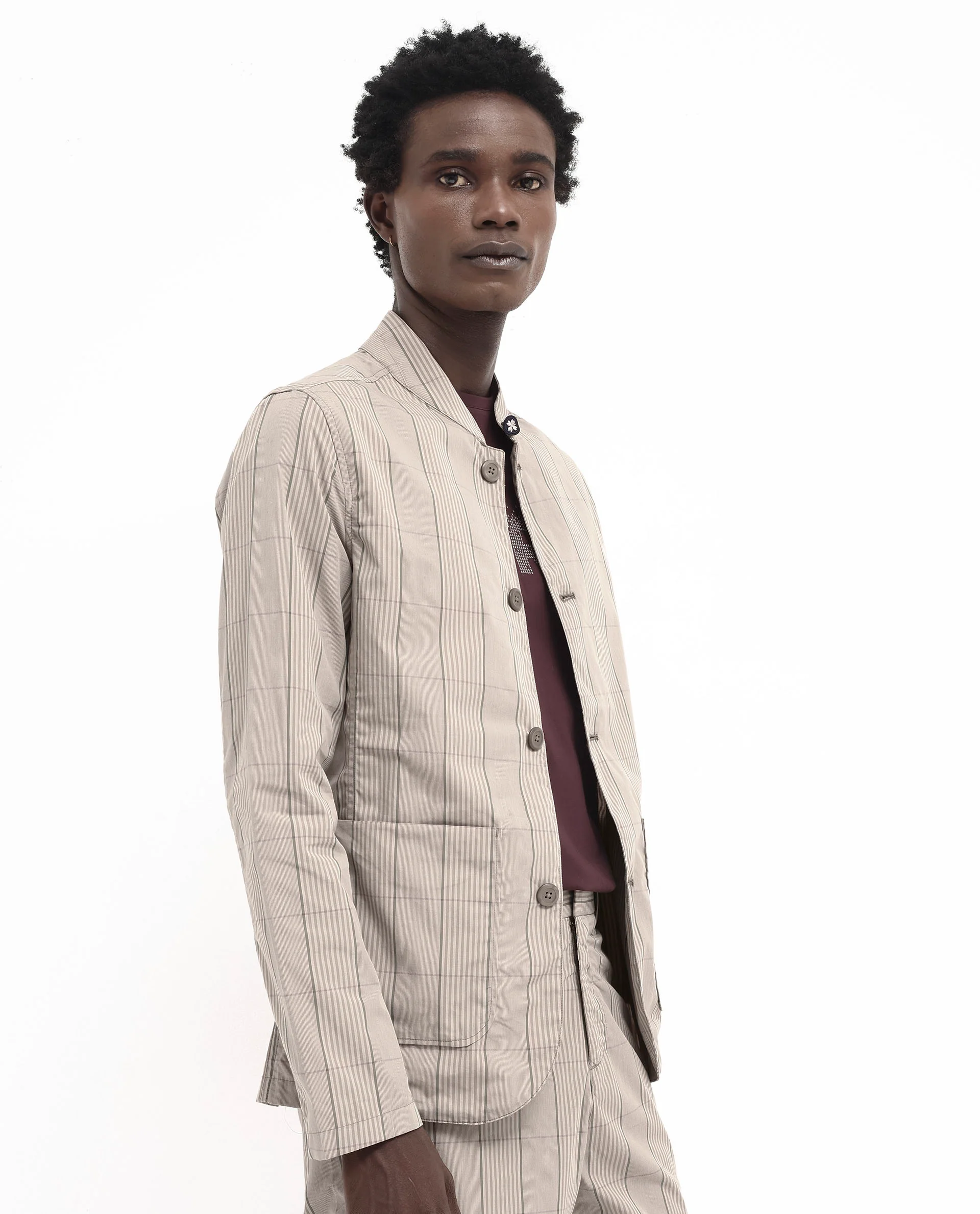 Rare Rabbit Men's Brez Brown Cotton Checked Print Relaxed Fit Full Sleeve Mandarin Collar Jacket - Image 3