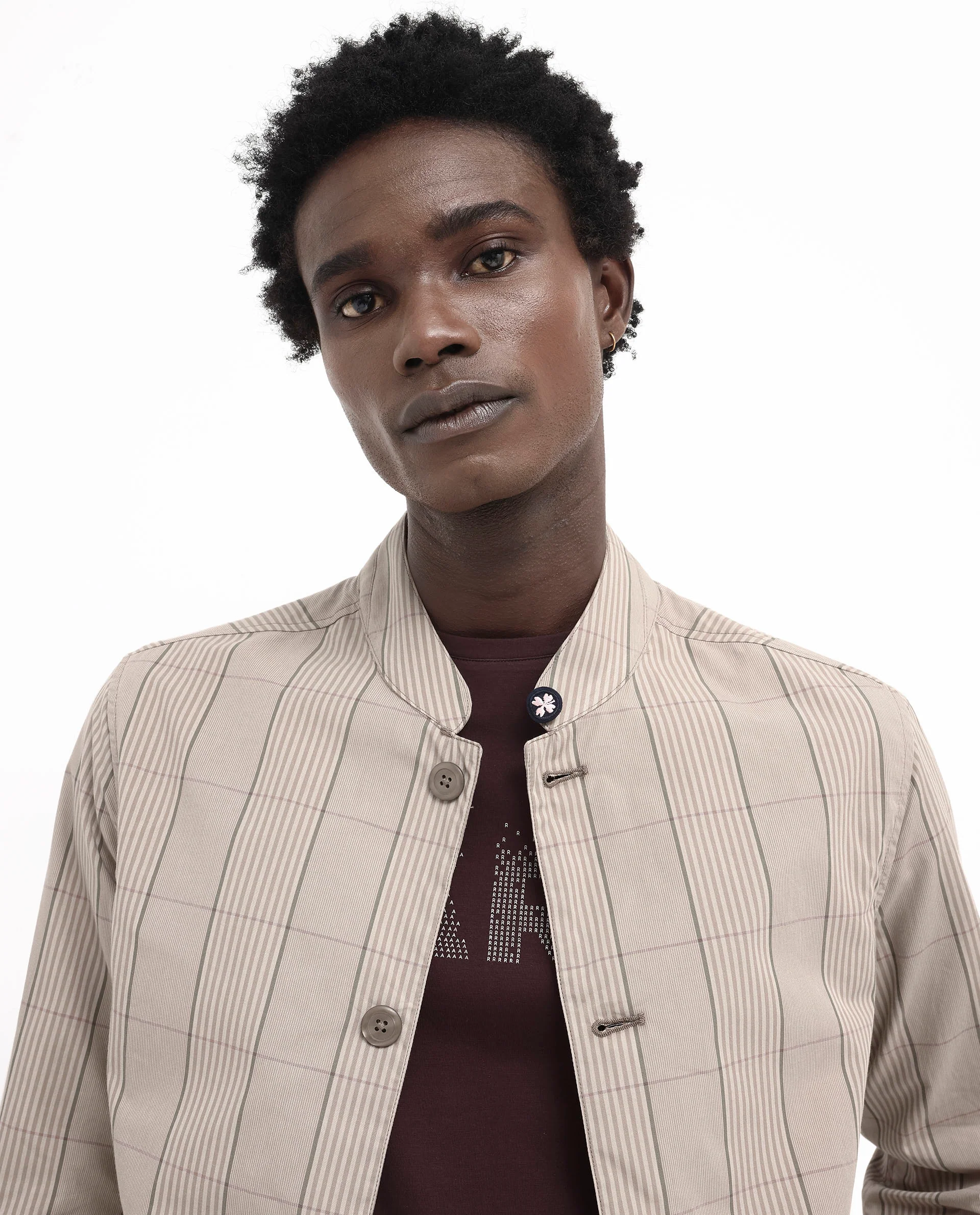 Rare Rabbit Men's Brez Brown Cotton Checked Print Relaxed Fit Full Sleeve Mandarin Collar Jacket - Image 4