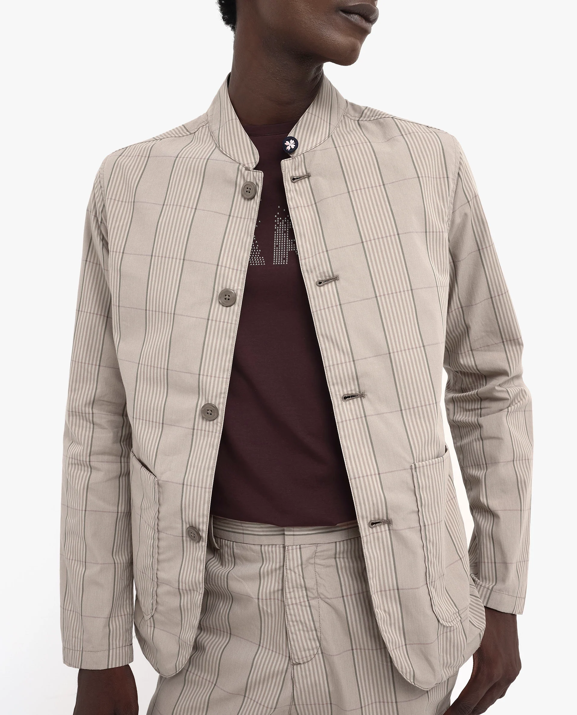 Rare Rabbit Men's Brez Brown Cotton Checked Print Relaxed Fit Full Sleeve Mandarin Collar Jacket - Image 5