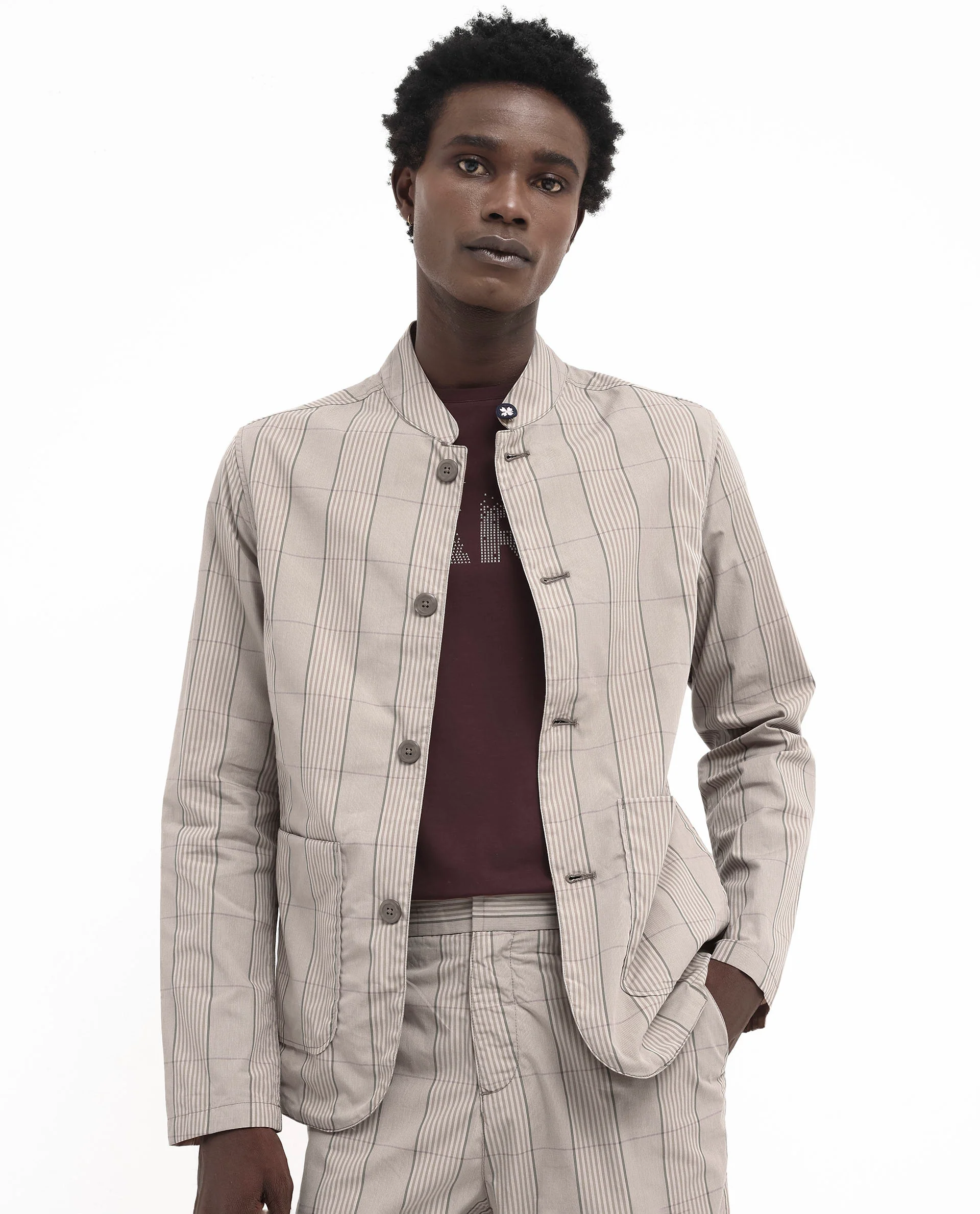 Rare Rabbit Men's Brez Brown Cotton Checked Print Relaxed Fit Full Sleeve Mandarin Collar Jacket - Image 7