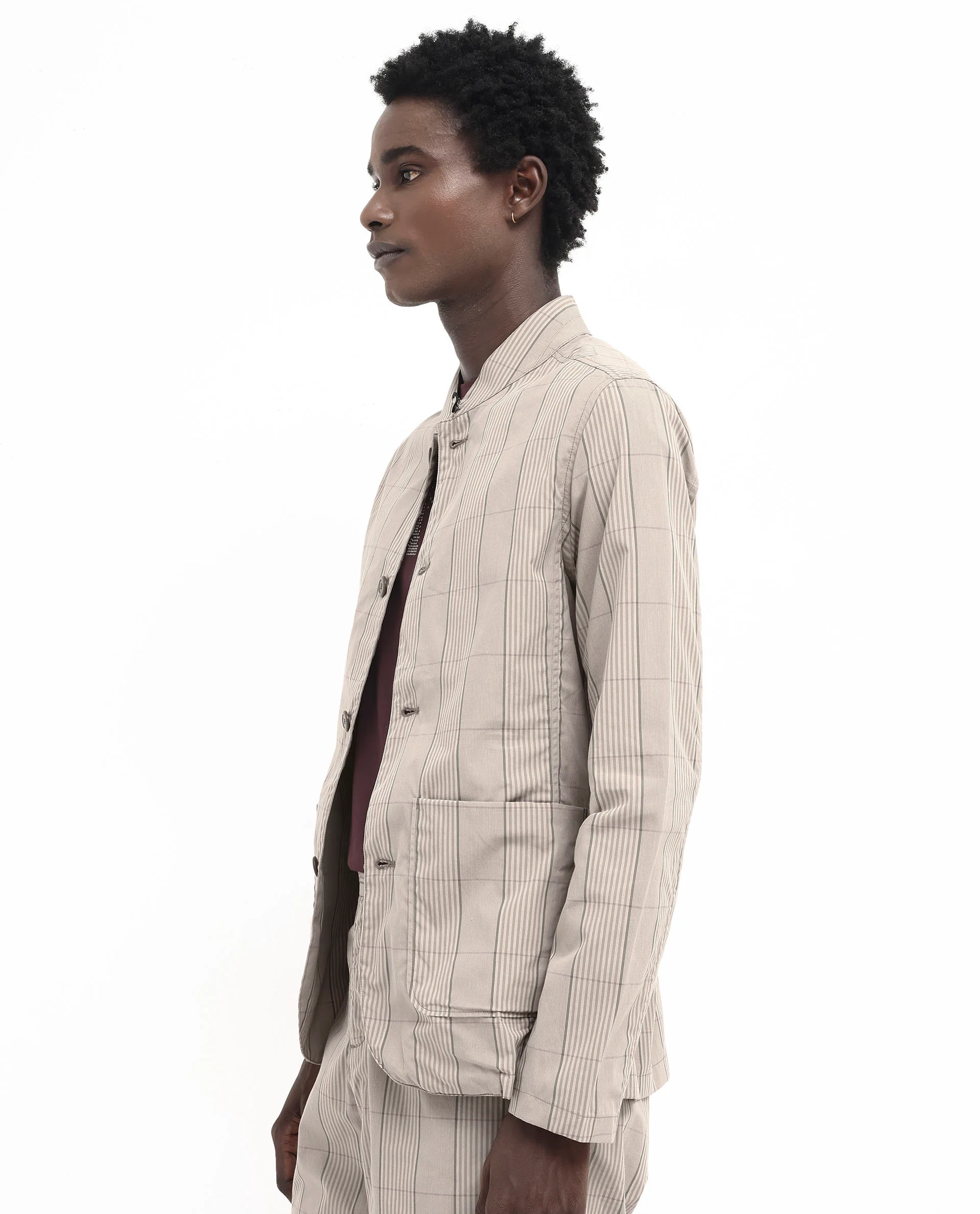 Rare Rabbit Men's Brez Brown Cotton Checked Print Relaxed Fit Full Sleeve Mandarin Collar Jacket - Image 8