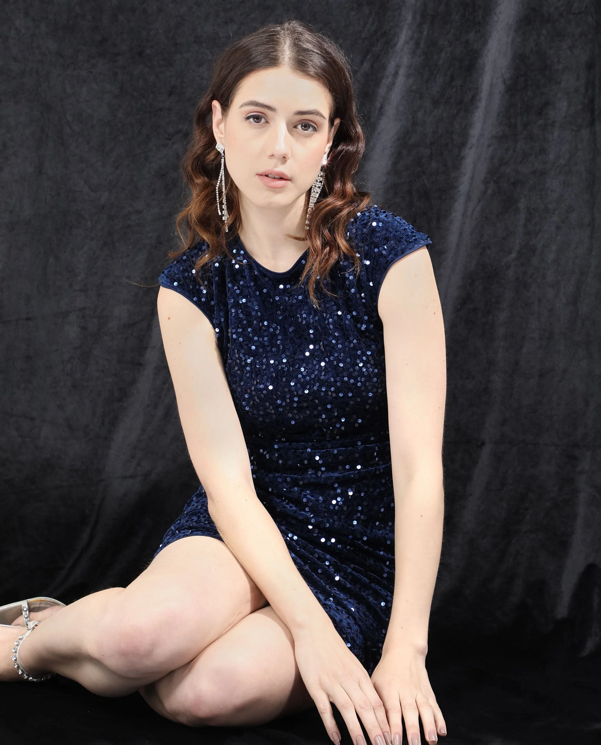 Rareism Women's Briar Sheen Blue Polyester Crew Neck Sequined Extended Sleeves Mini Regular Fit Dress - Image 5