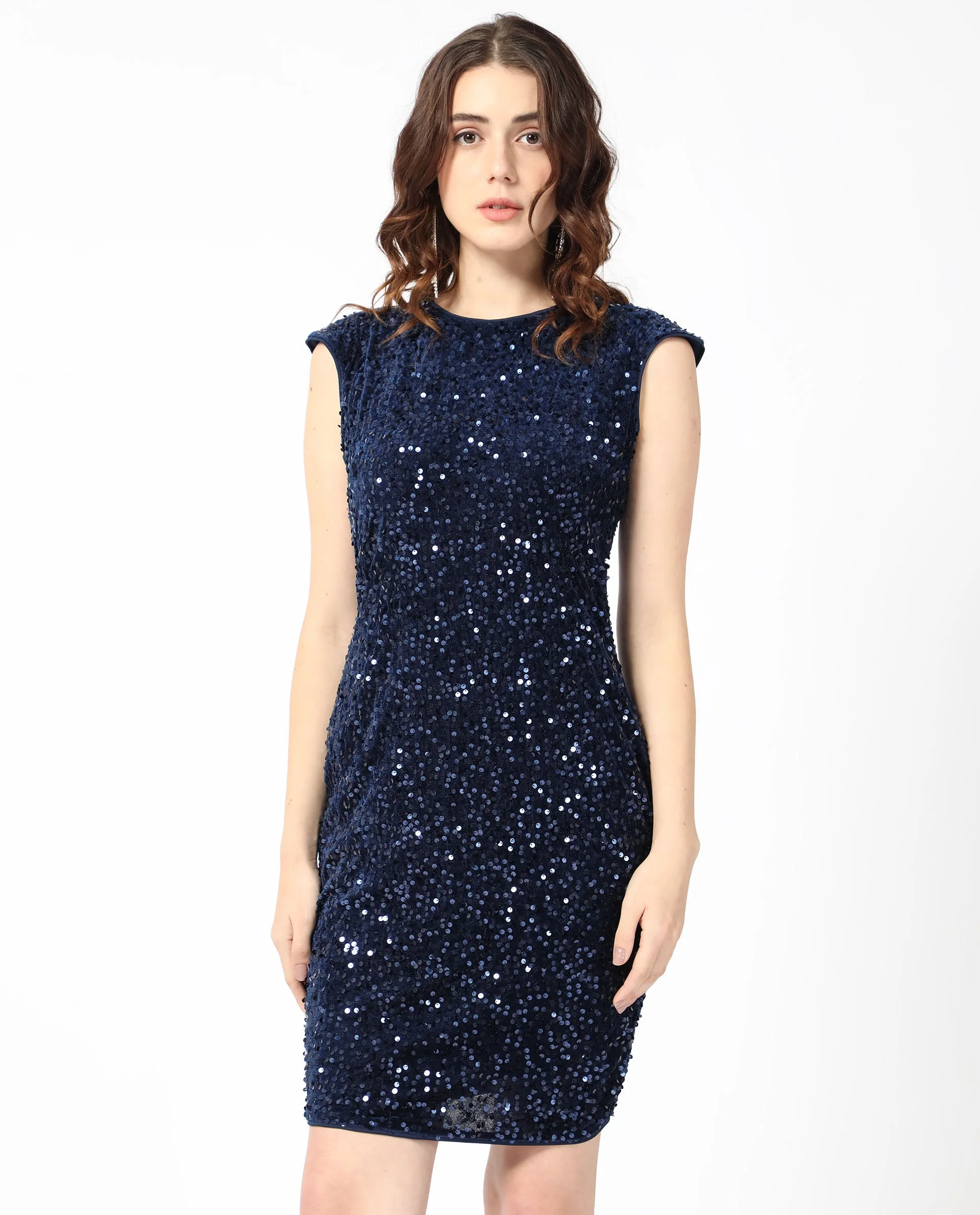 Rareism Women's Briar Sheen Blue Polyester Crew Neck Sequined Extended Sleeves Mini Regular Fit Dress - Image 6
