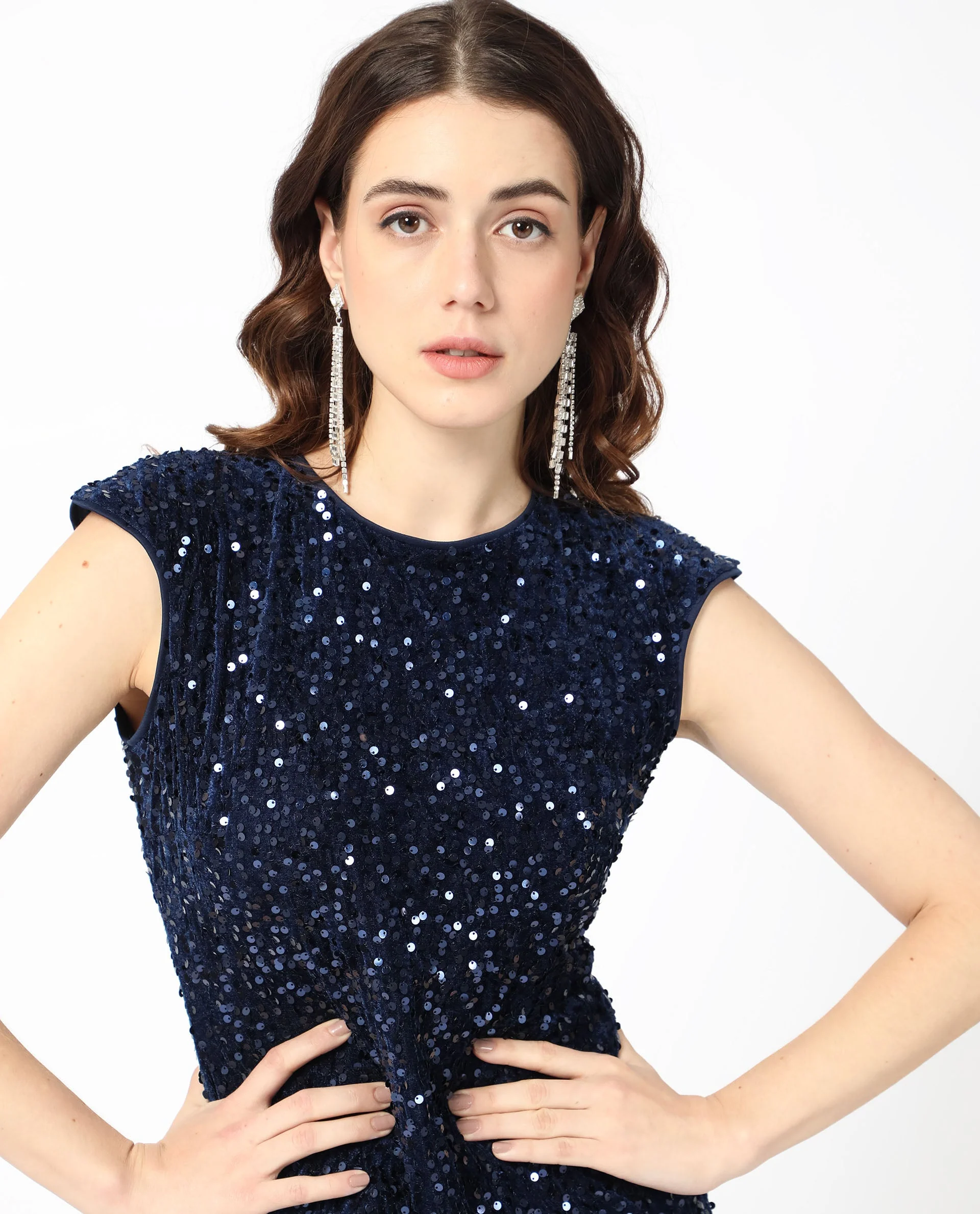 Rareism Women's Briar Sheen Blue Polyester Crew Neck Sequined Extended Sleeves Mini Regular Fit Dress - Image 8