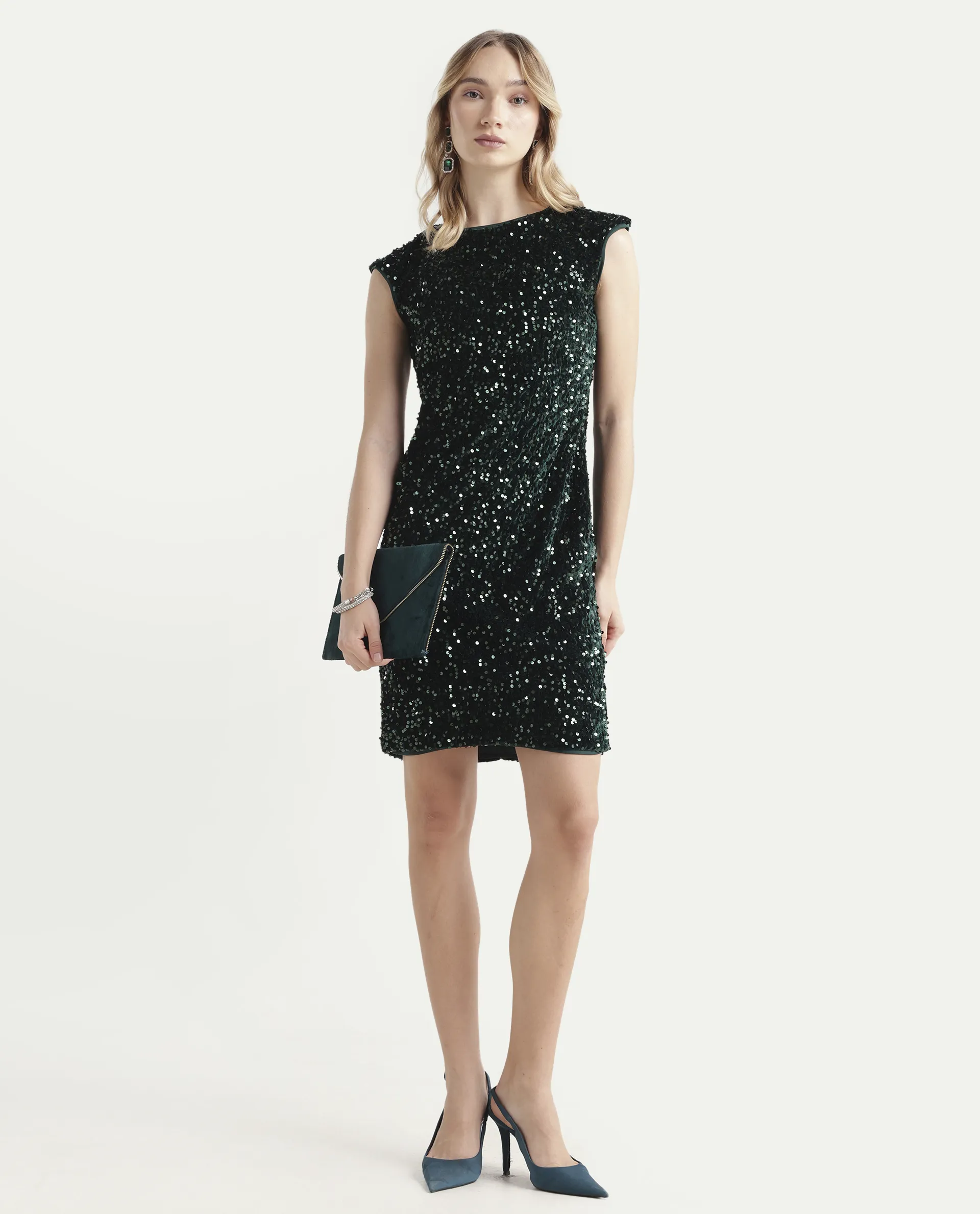 Rareism Women's Briar Sheen Green Polyester Crew Neck Sequined Extended Sleeves Mini Regular Fit Dress - Image 2