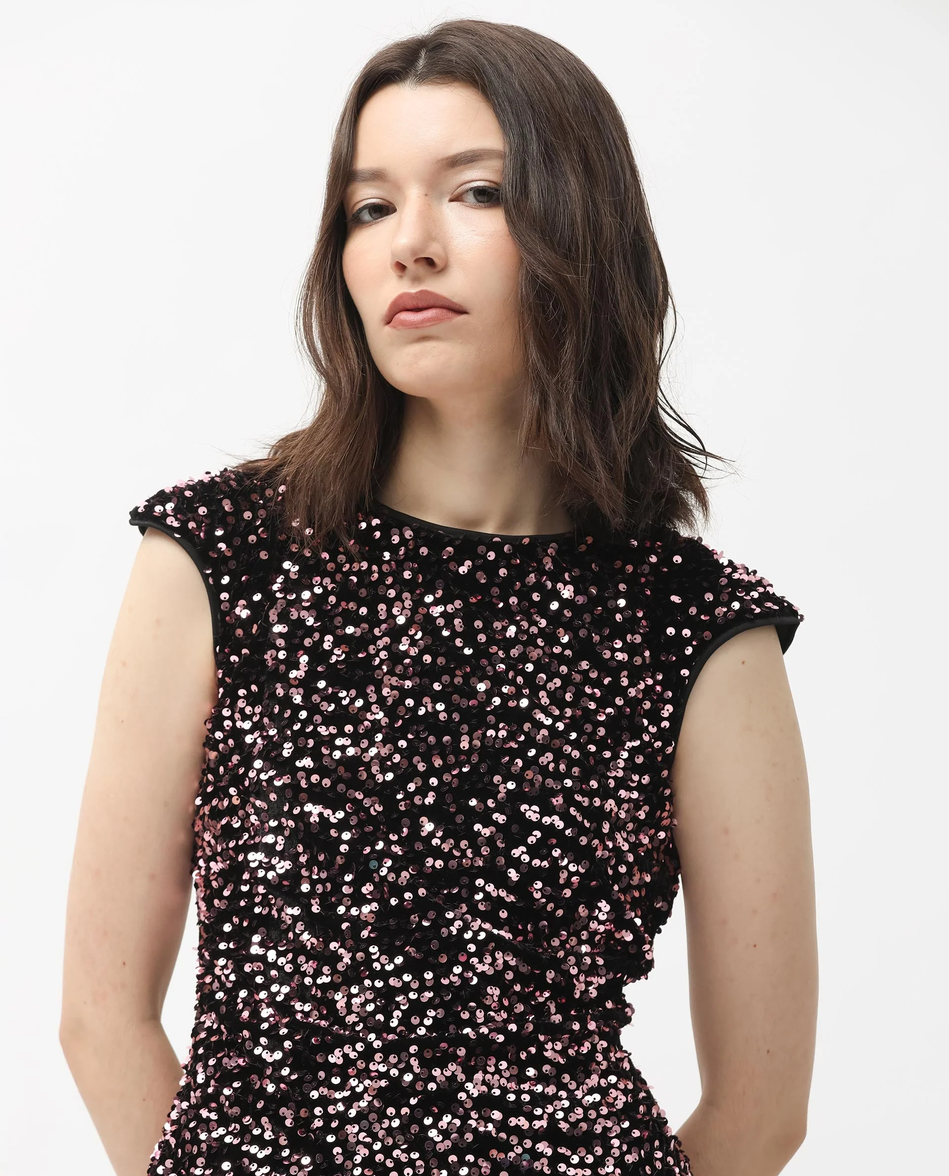 Rareism Women's Briar Sheen Pink Polyester Crew Neck Sequined Extended Sleeves Mini Regular Fit Dress - Image 5
