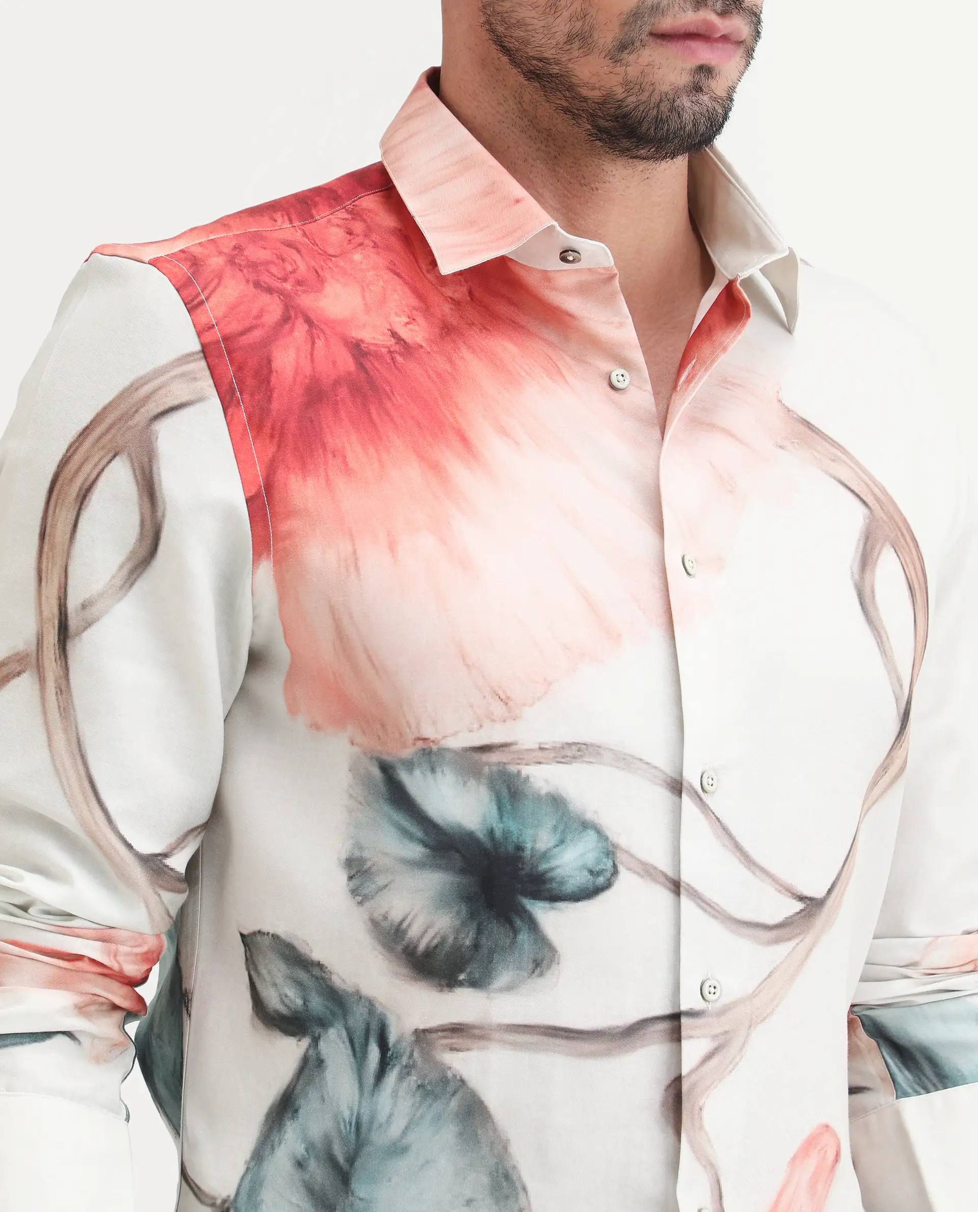Rare Rabbit Men's Brib Off White Cotton Blend Fabric Full Sleeve Spread Collar Regular Fit Floral Print Shirt - Image 3