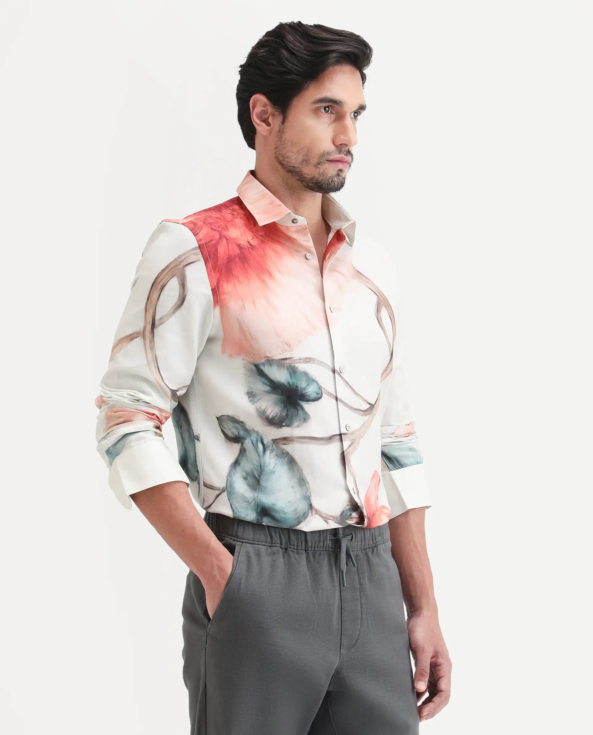 Rare Rabbit Men's Brib Off White Cotton Blend Fabric Full Sleeve Spread Collar Regular Fit Floral Print Shirt - Image 4