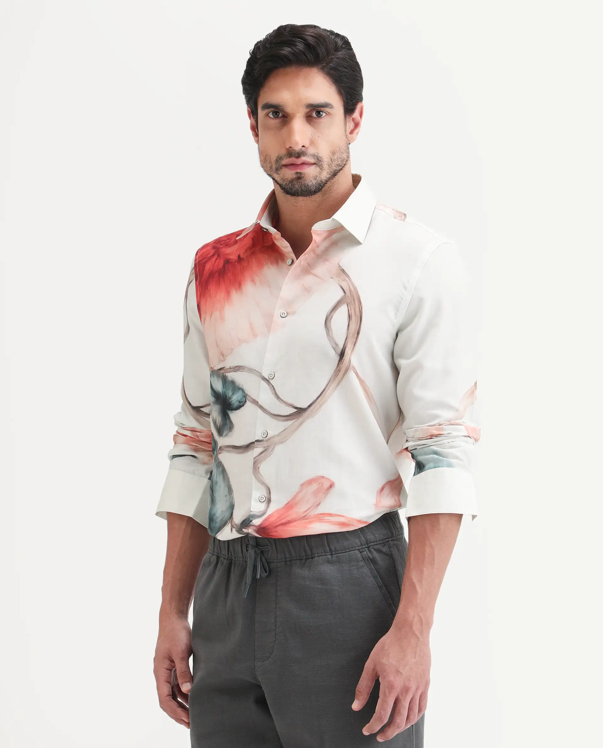 Rare Rabbit Men's Brib Off White Cotton Blend Fabric Full Sleeve Spread Collar Regular Fit Floral Print Shirt - Image 5