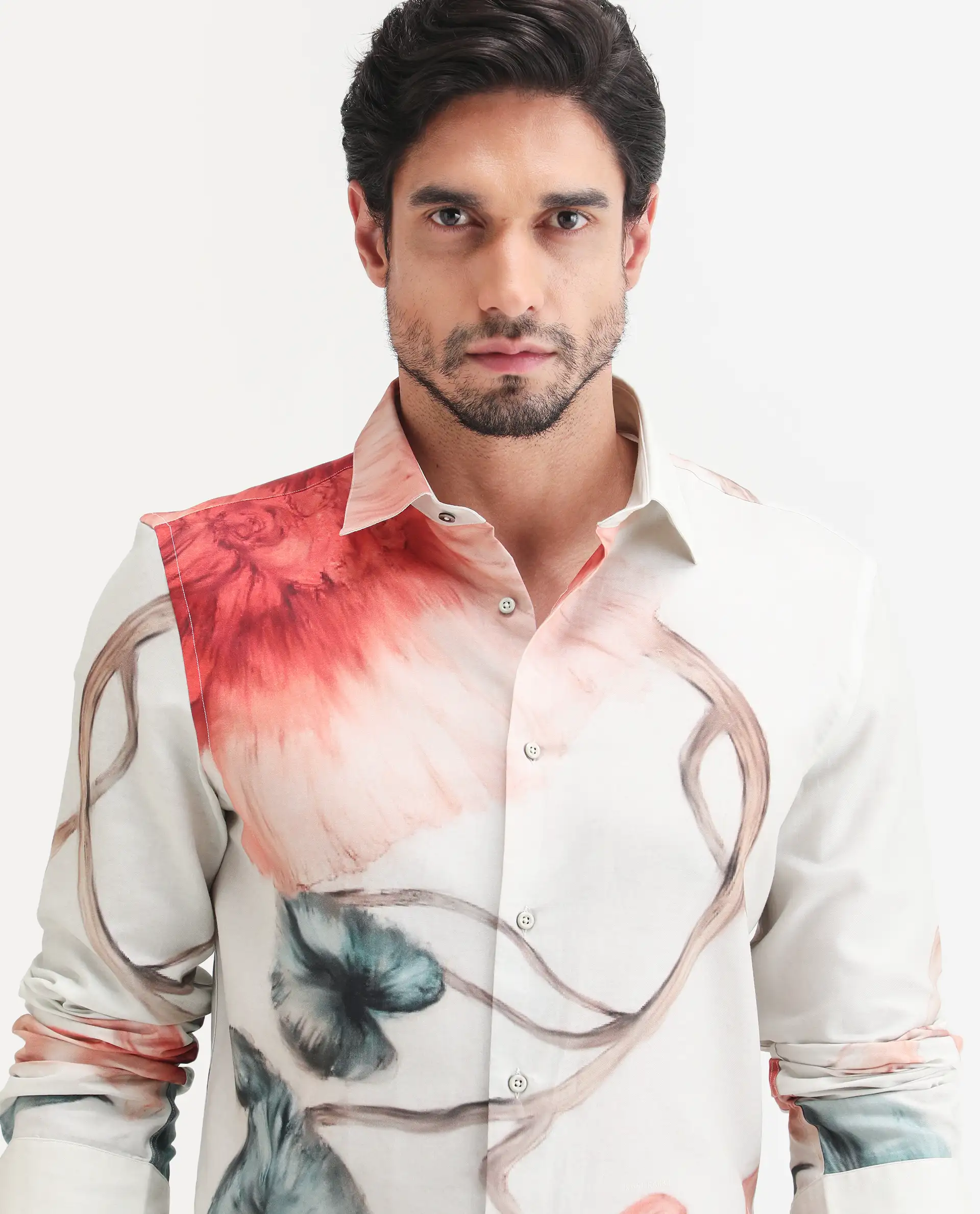 Rare Rabbit Men's Brib Off White Cotton Blend Fabric Full Sleeve Spread Collar Regular Fit Floral Print Shirt - Image 6