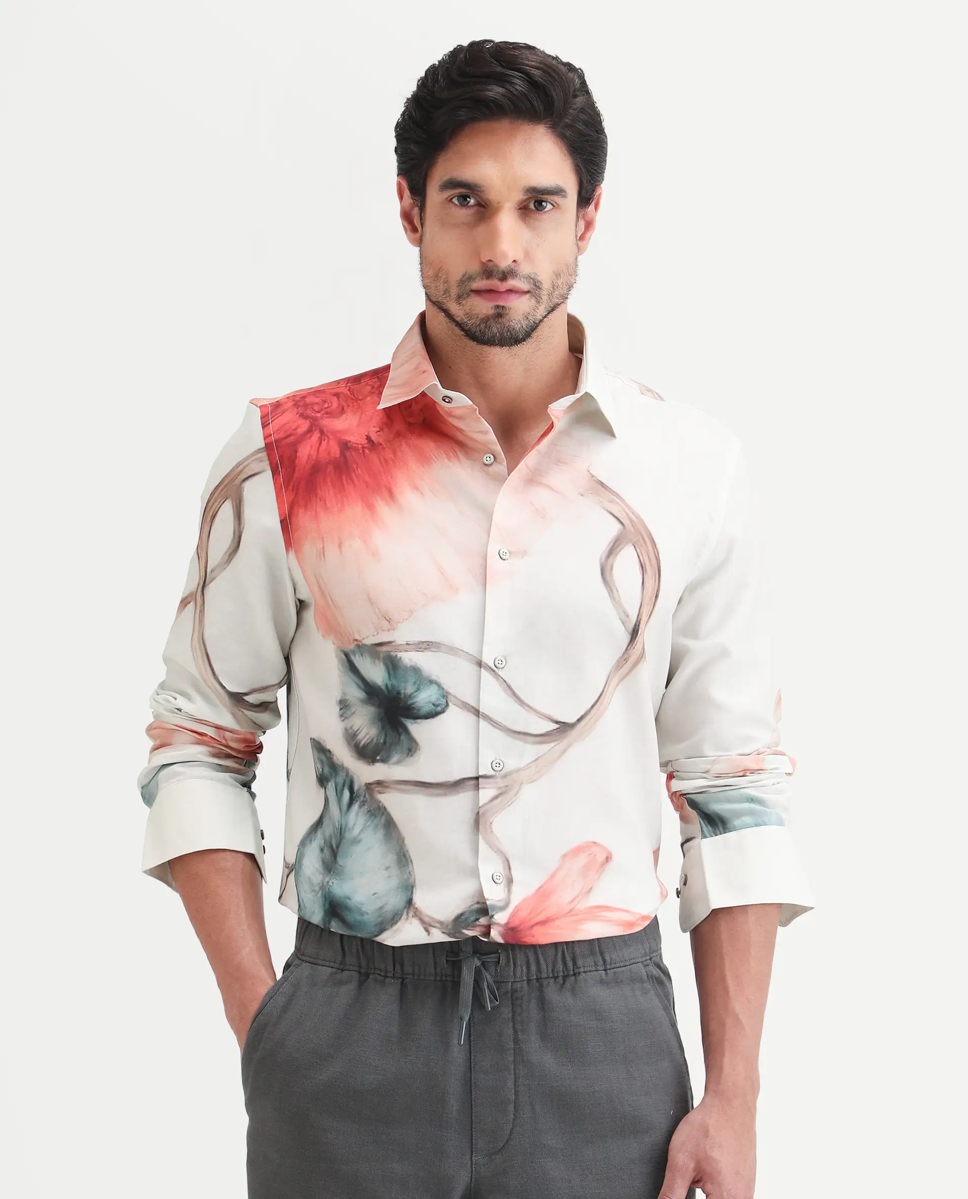Rare Rabbit Men's Brib Off White Cotton Blend Fabric Full Sleeve Spread Collar Regular Fit Floral Print Shirt - Image 7