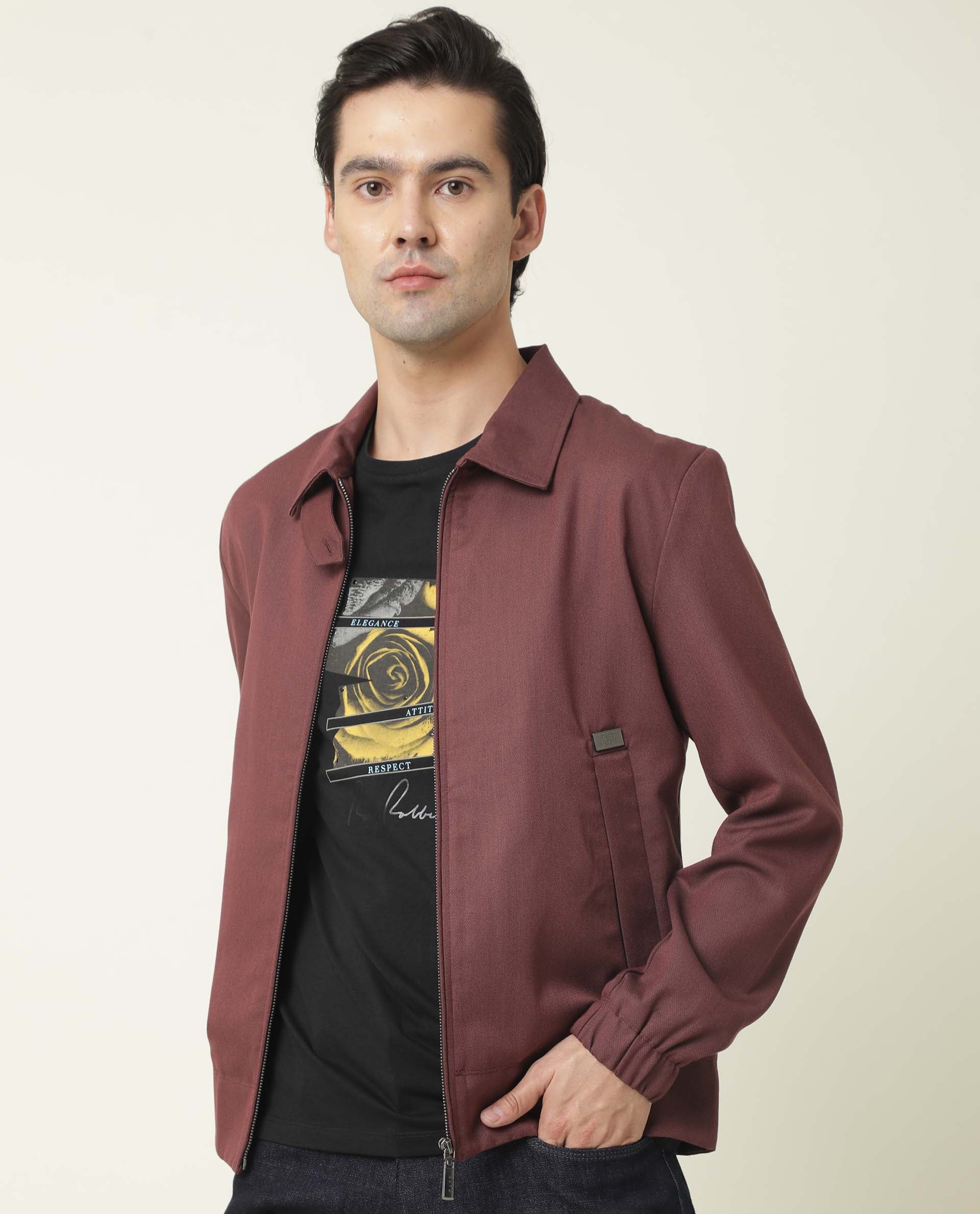Rare Rabbit Men's Bric Maroon Polyester Plain Regular Fit Full Sleeve Spread Collar Jacket