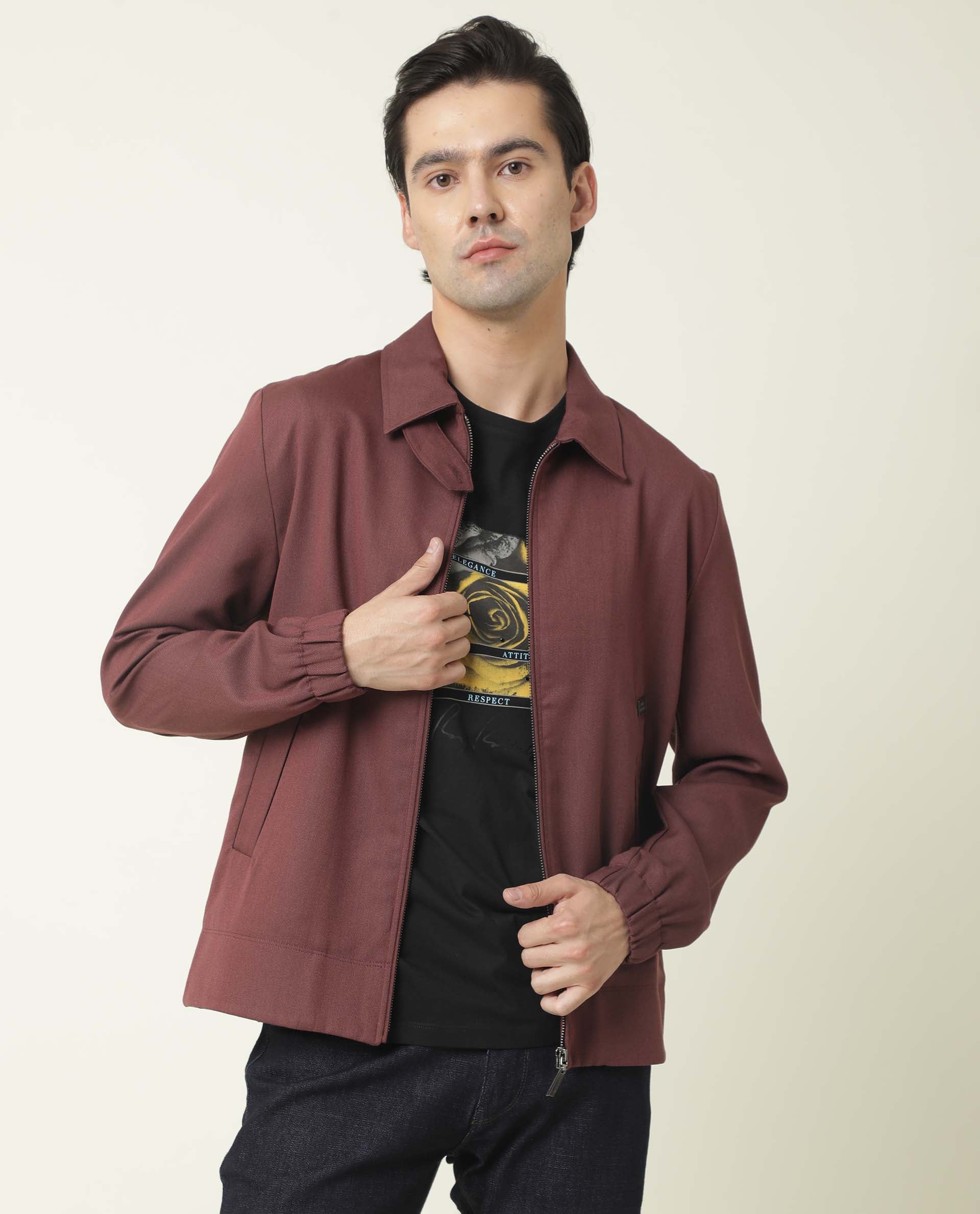 Rare Rabbit Men's Bric Maroon Polyester Plain Regular Fit Full Sleeve Spread Collar Jacket - Image 2