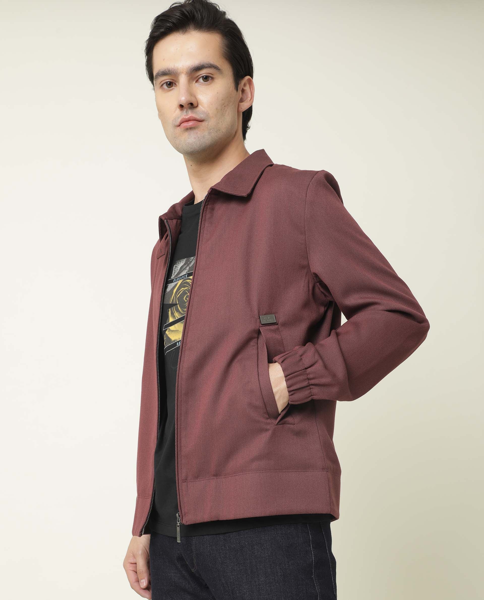 Rare Rabbit Men's Bric Maroon Polyester Plain Regular Fit Full Sleeve Spread Collar Jacket - Image 5