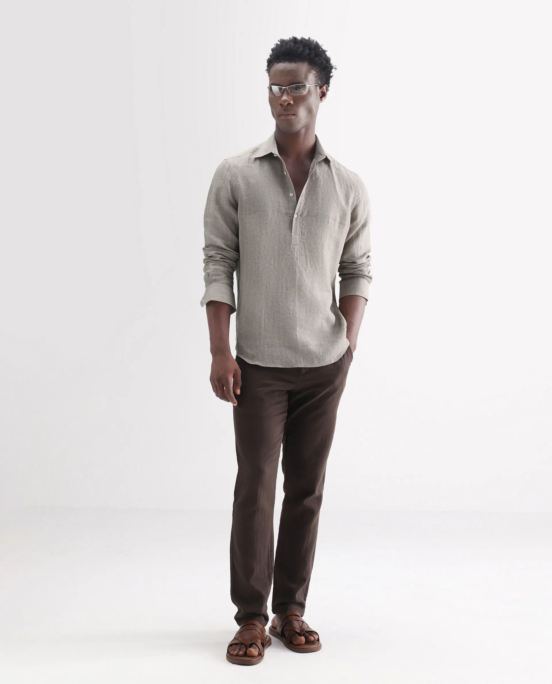 Rare Rabbit Men's Brickurt Brown 100% Linen Plain Regular Fit Full Sleeve Collared Shirt - Image 2