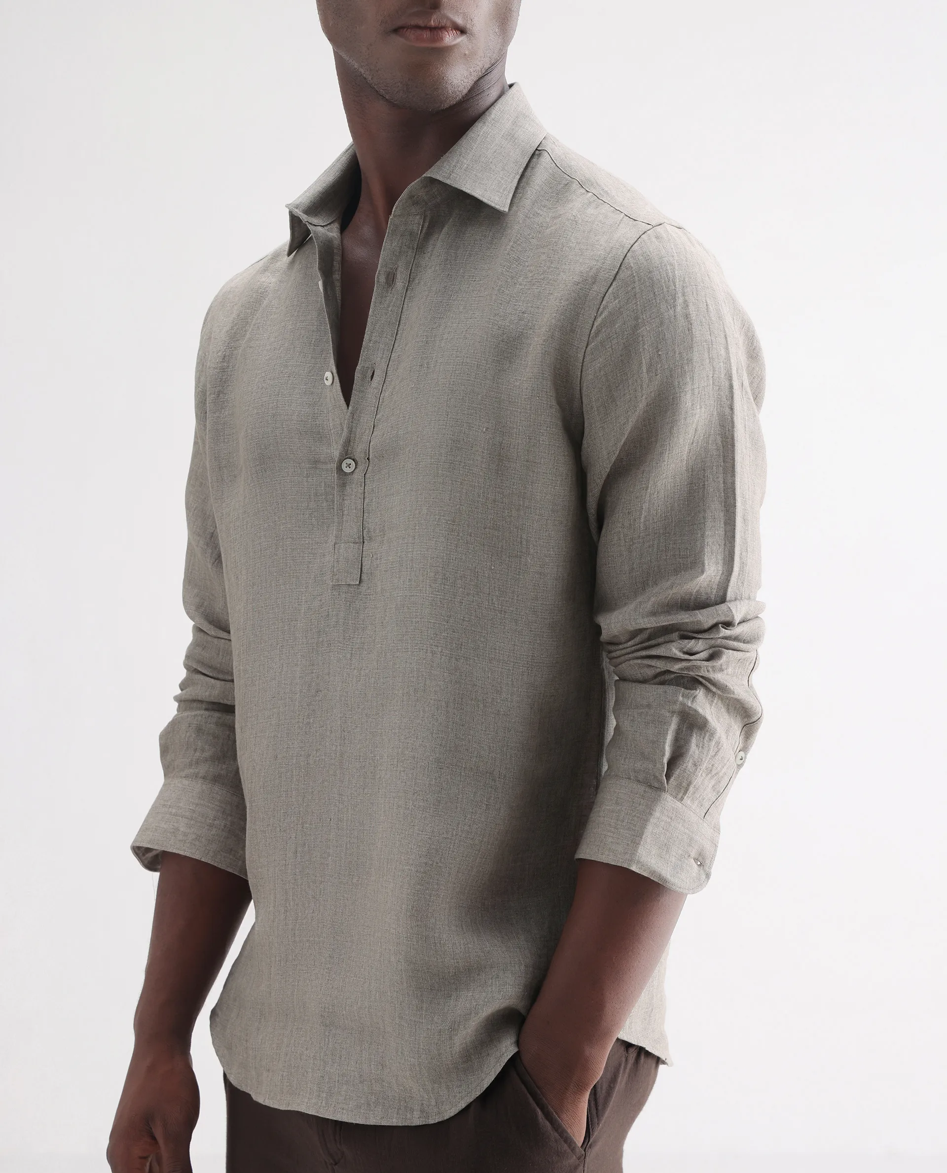 Rare Rabbit Men's Brickurt Brown 100% Linen Plain Regular Fit Full Sleeve Collared Shirt - Image 3