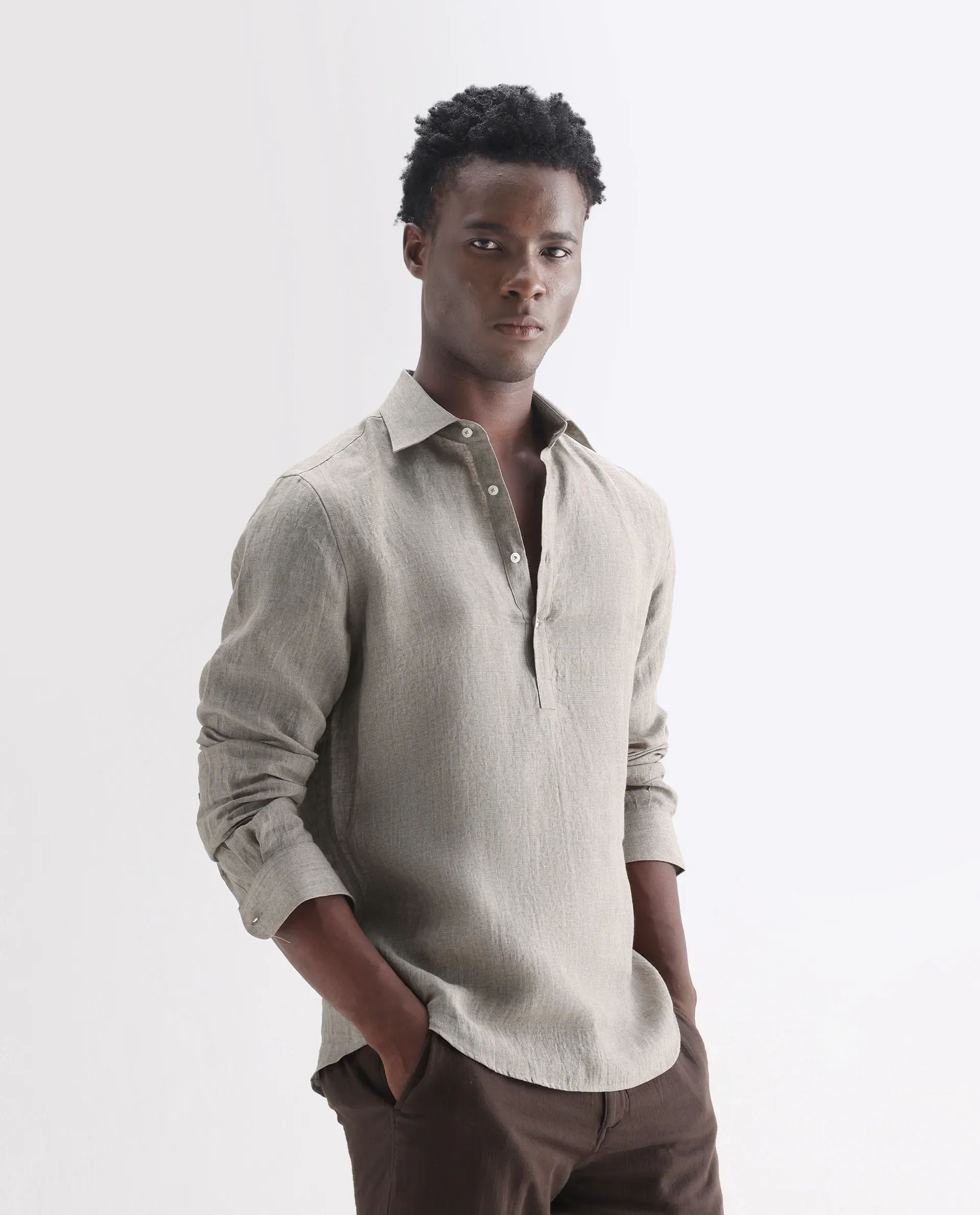 Rare Rabbit Men's Brickurt Brown 100% Linen Plain Regular Fit Full Sleeve Collared Shirt - Image 4