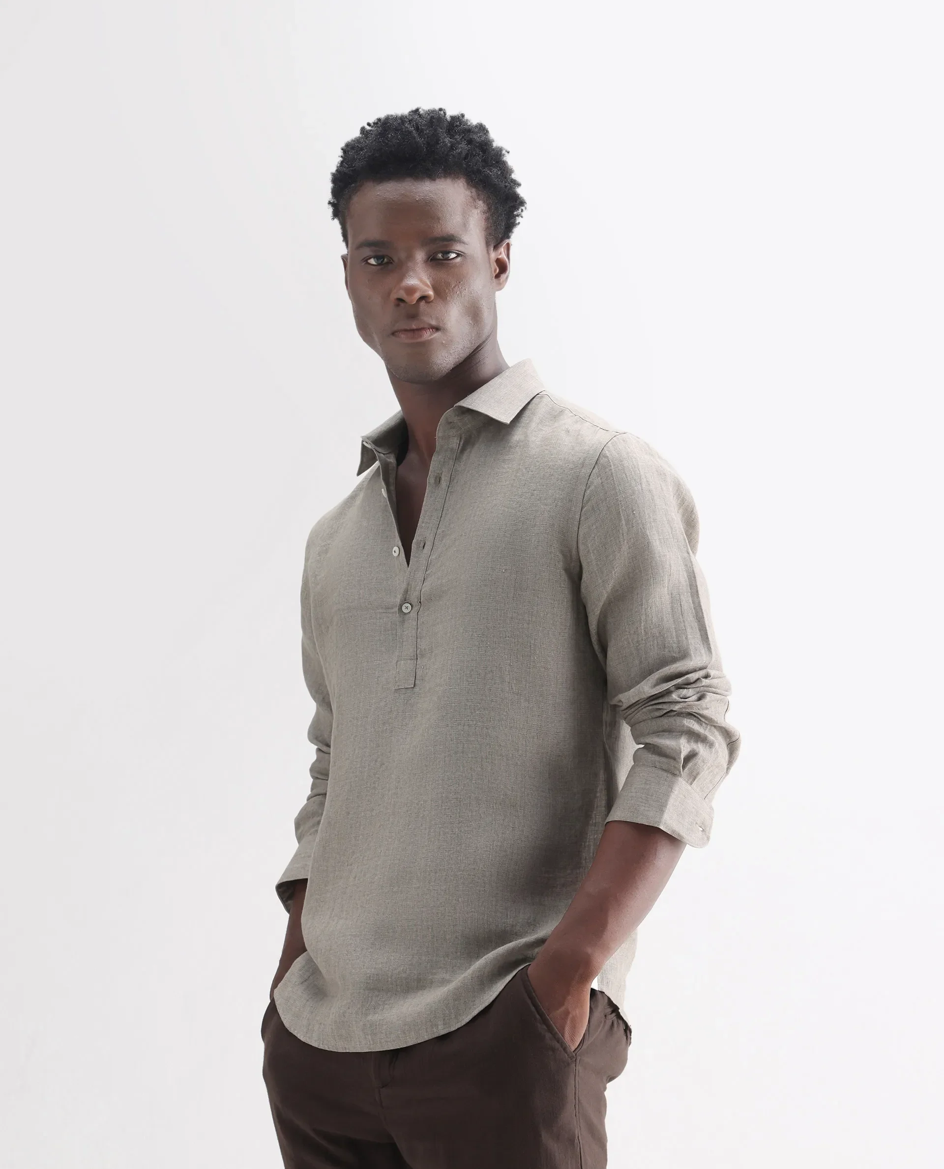 Rare Rabbit Men's Brickurt Brown 100% Linen Plain Regular Fit Full Sleeve Collared Shirt - Image 5