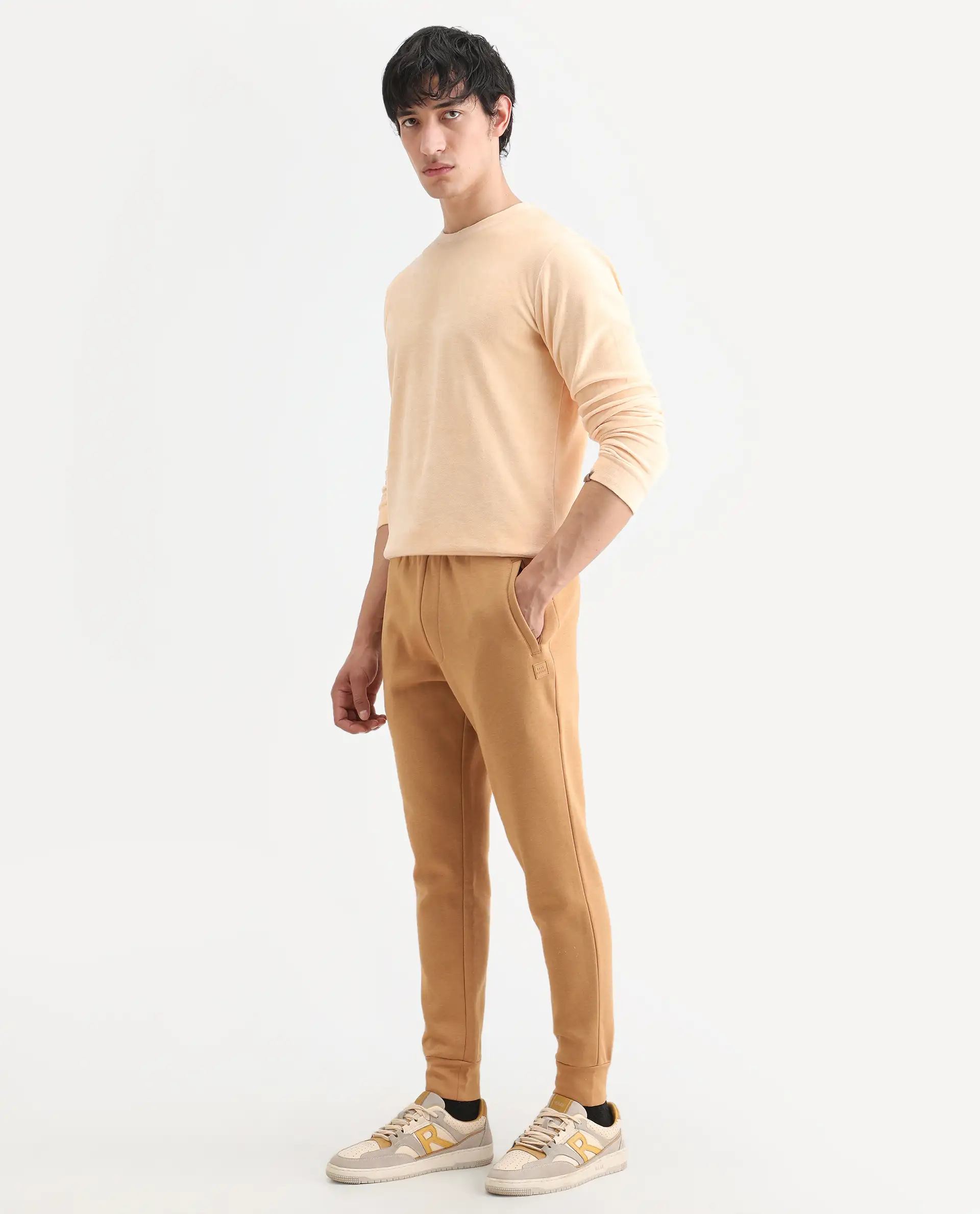 Rare Rabbit Men's Brighton Mustard Cotton Plain Regular Fit Track Pant - Image 5