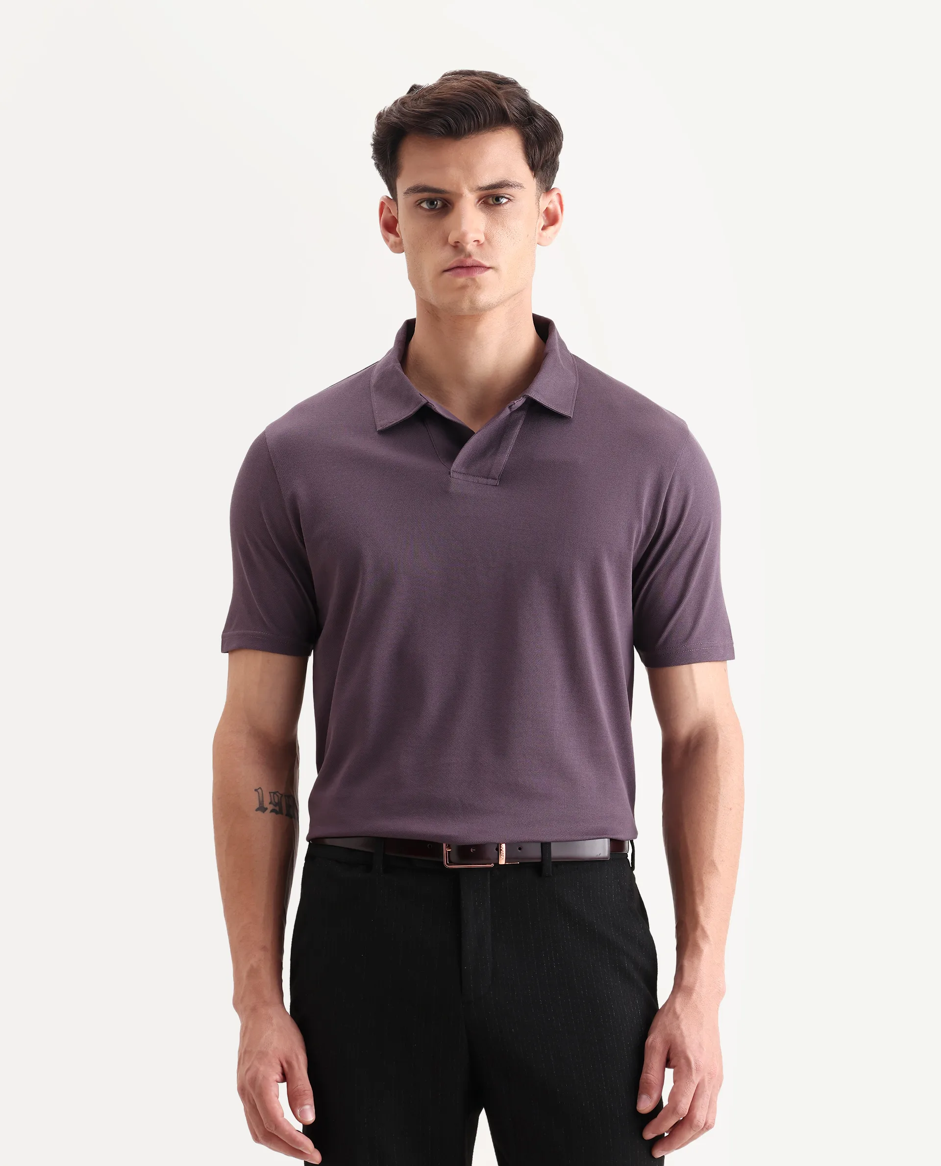 Rare Rabbit Men's Brillio Dusky Purple Cotton Plain Regular Fit Half Sleeve Polo - Image 4