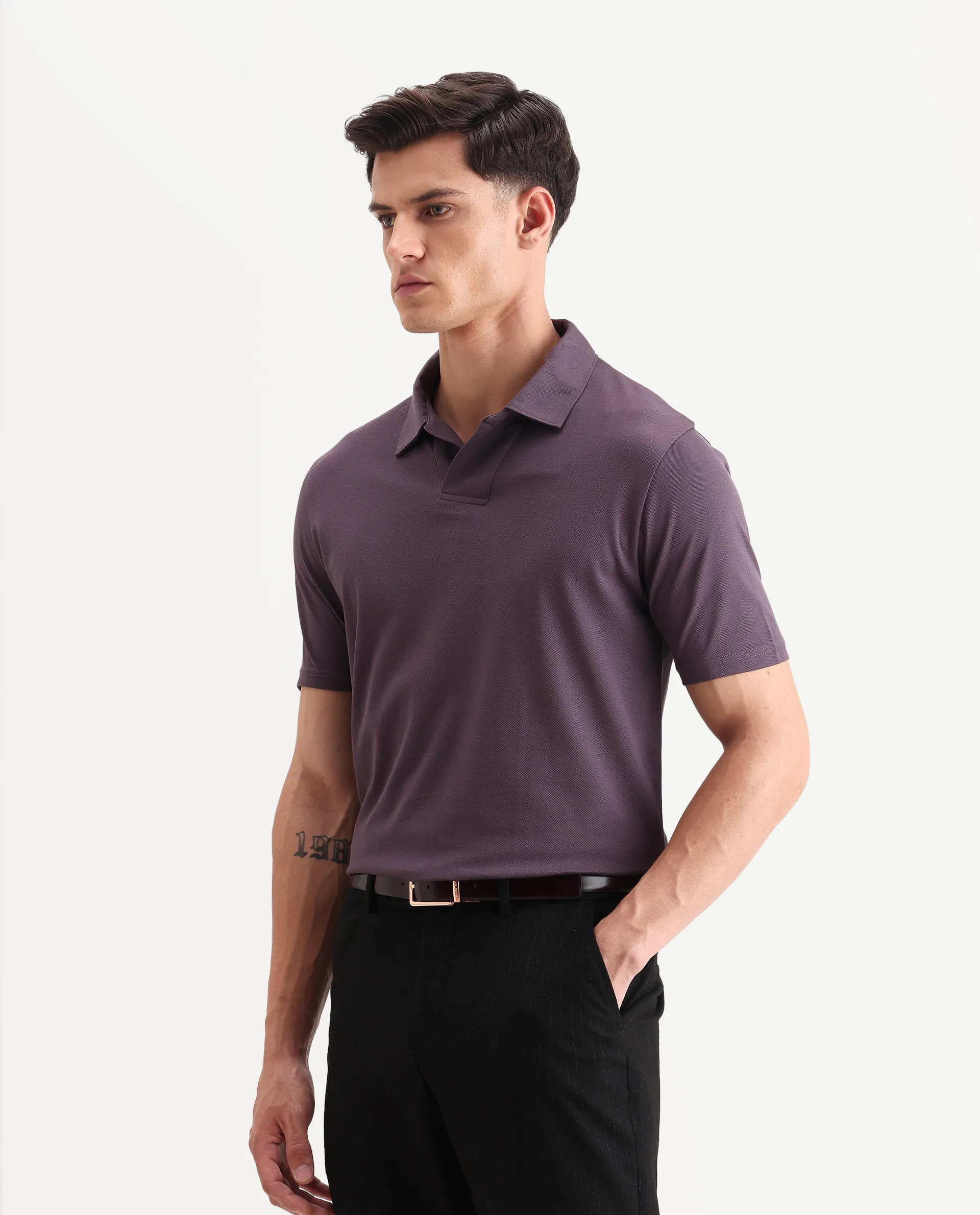 Rare Rabbit Men's Brillio Dusky Purple Cotton Plain Regular Fit Half Sleeve Polo - Image 5