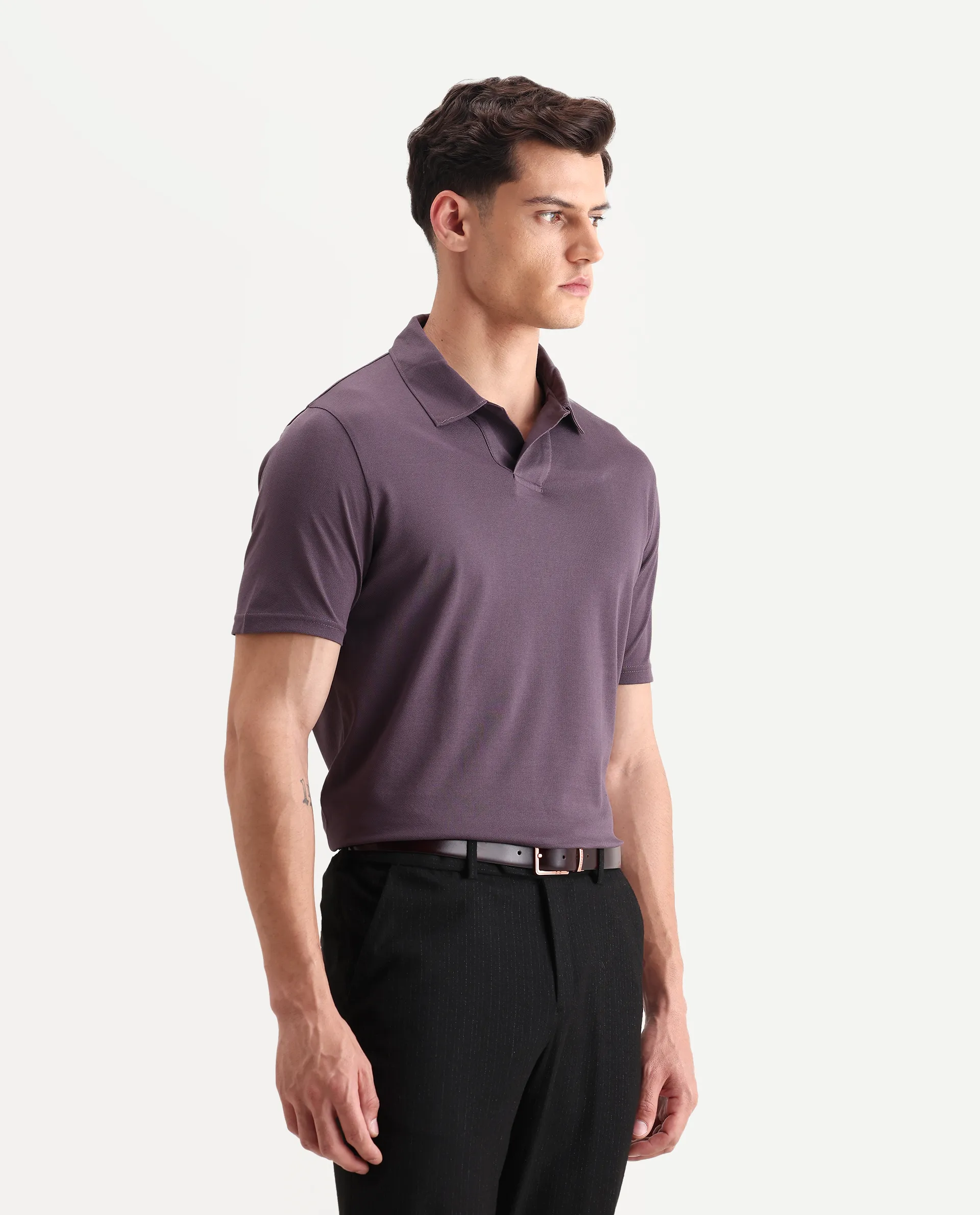 Rare Rabbit Men's Brillio Dusky Purple Cotton Plain Regular Fit Half Sleeve Polo - Image 6