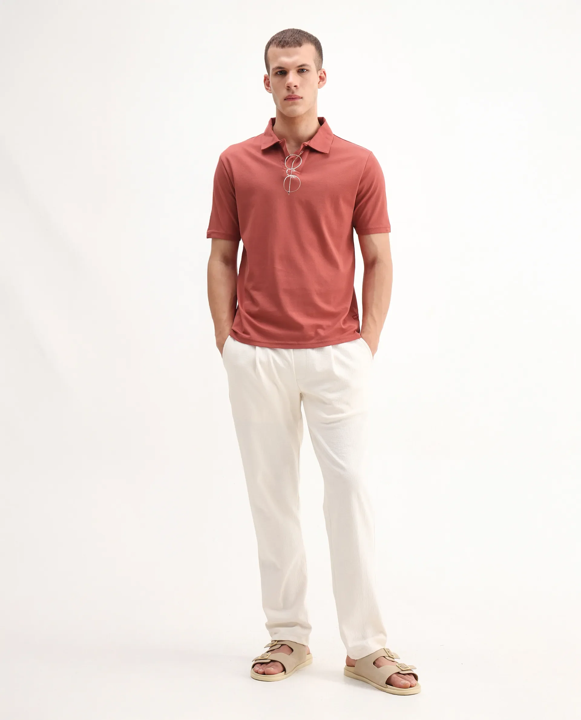 Rare Rabbit Men's Brillio Red Cotton Plain Regular Fit Half Sleeve Polo - Image 2