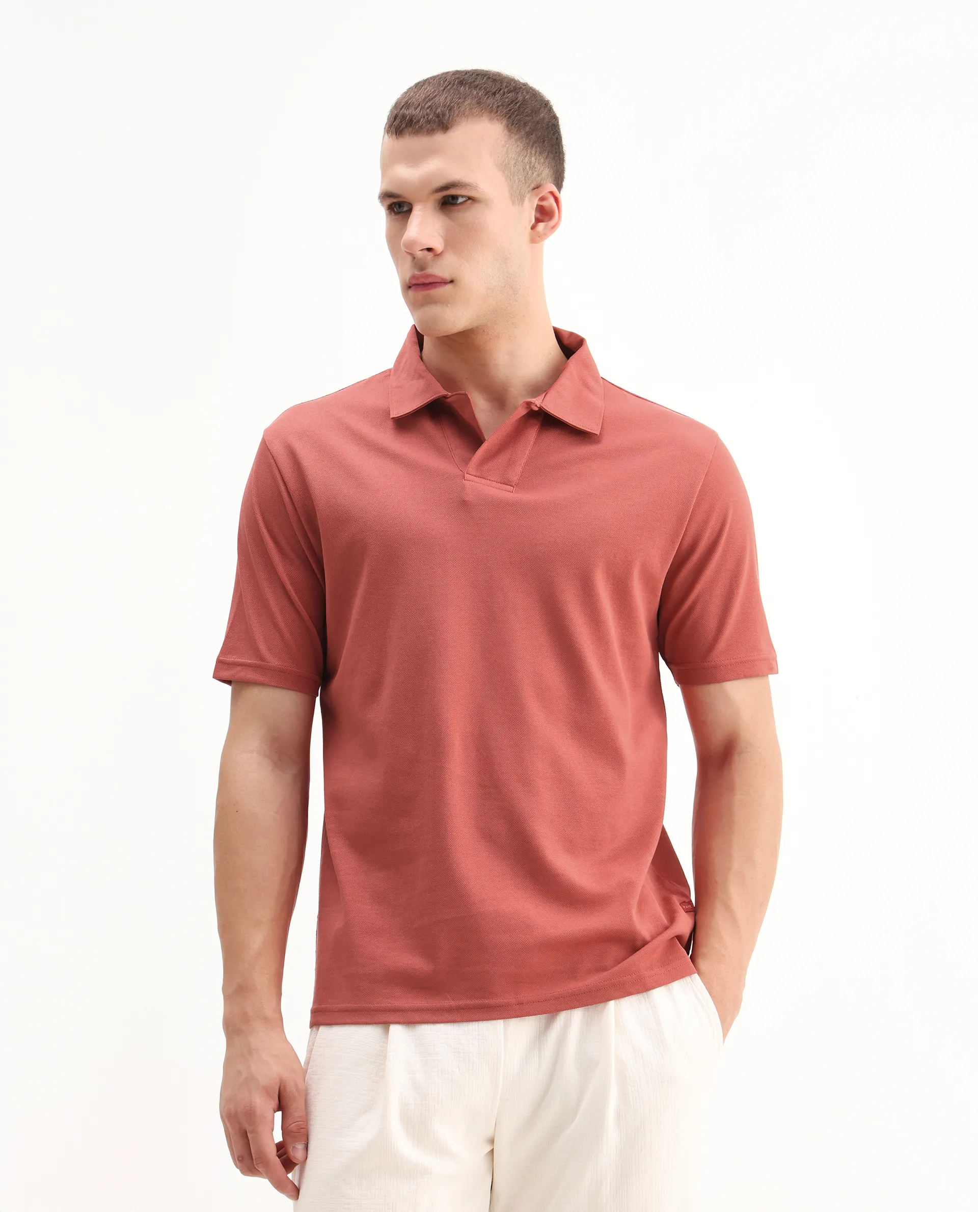 Rare Rabbit Men's Brillio Red Cotton Plain Regular Fit Half Sleeve Polo - Image 4