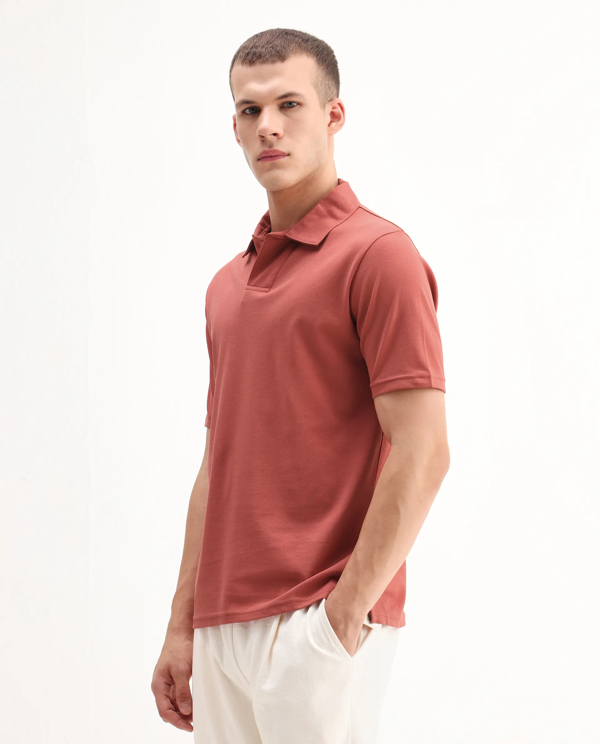 Rare Rabbit Men's Brillio Red Cotton Plain Regular Fit Half Sleeve Polo - Image 5