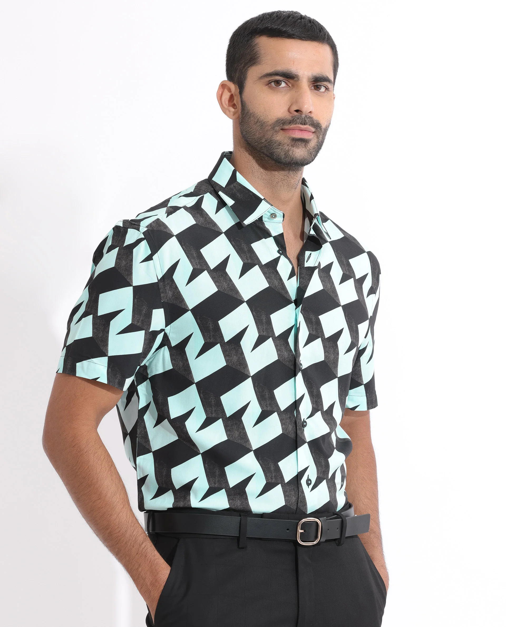 Rare Rabbit Men's Brimmer Light Blue Cotton Geometric Print Regular Fit Half Sleeve Collared Shirt - Image 2