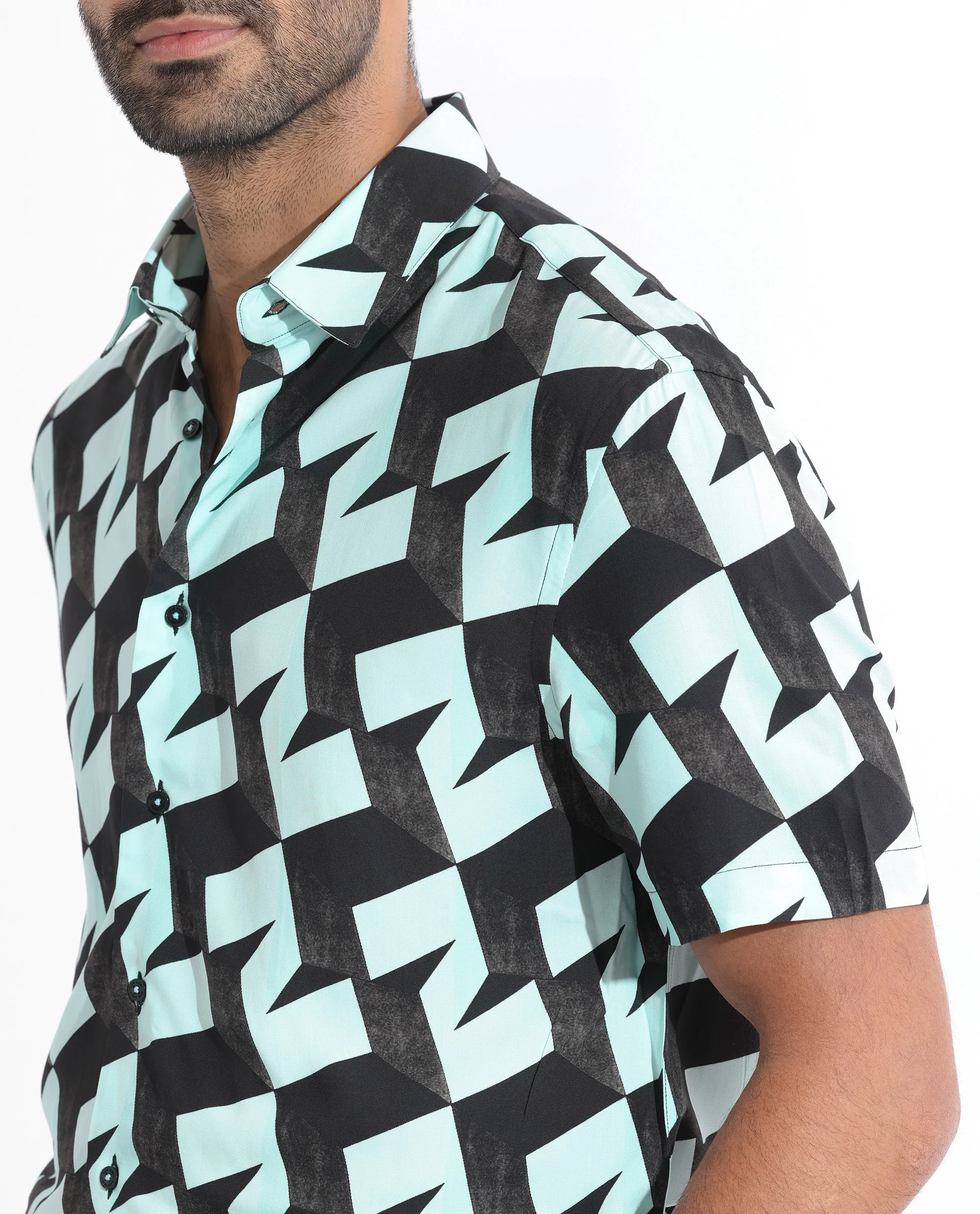 Rare Rabbit Men's Brimmer Light Blue Cotton Geometric Print Regular Fit Half Sleeve Collared Shirt - Image 3