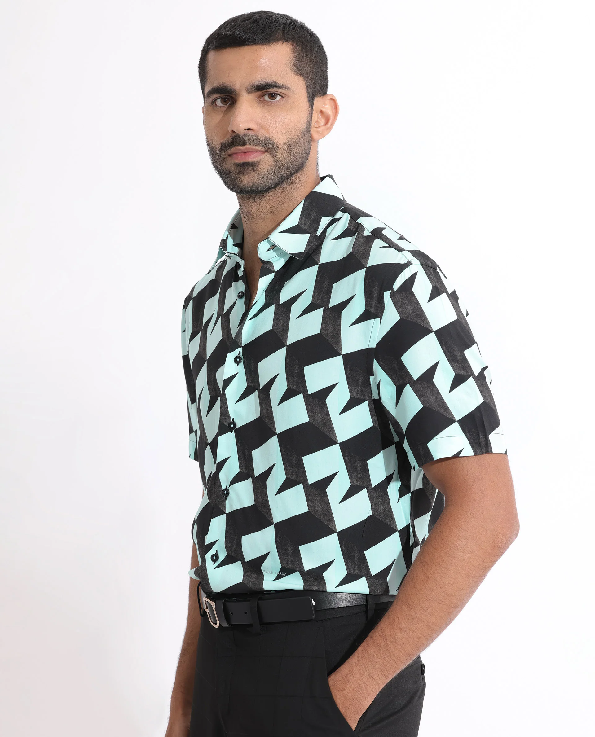 Rare Rabbit Men's Brimmer Light Blue Cotton Geometric Print Regular Fit Half Sleeve Collared Shirt - Image 4