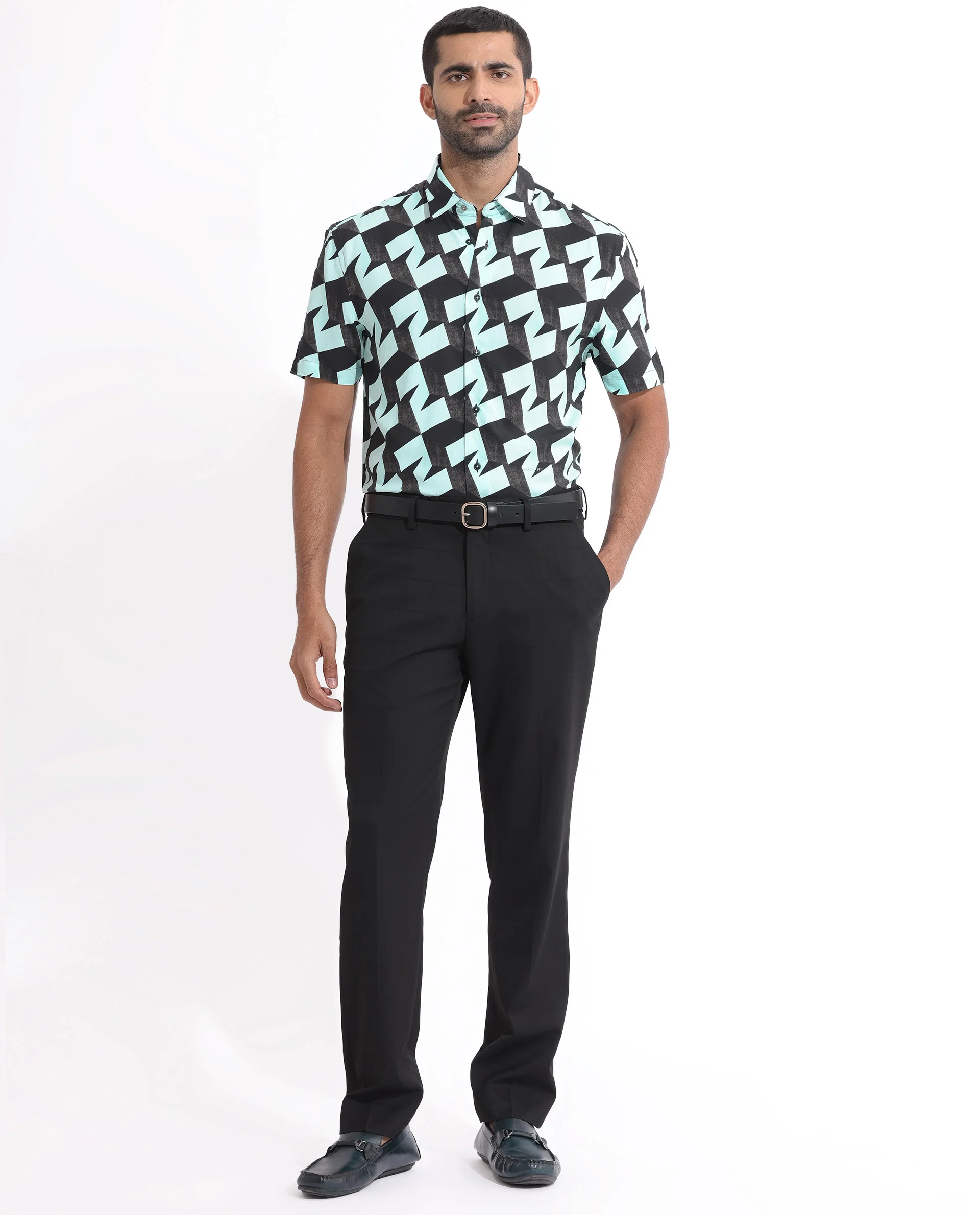 Rare Rabbit Men's Brimmer Light Blue Cotton Geometric Print Regular Fit Half Sleeve Collared Shirt - Image 5