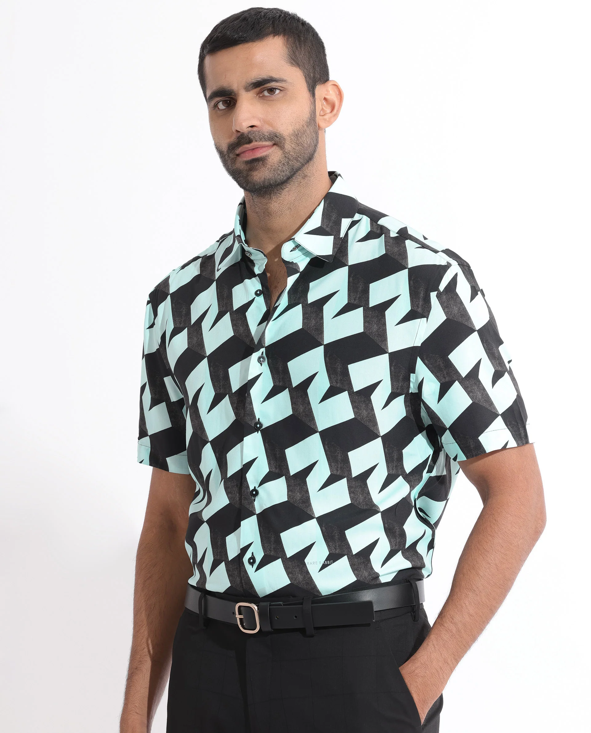Rare Rabbit Men's Brimmer Light Blue Cotton Geometric Print Regular Fit Half Sleeve Collared Shirt - Image 6