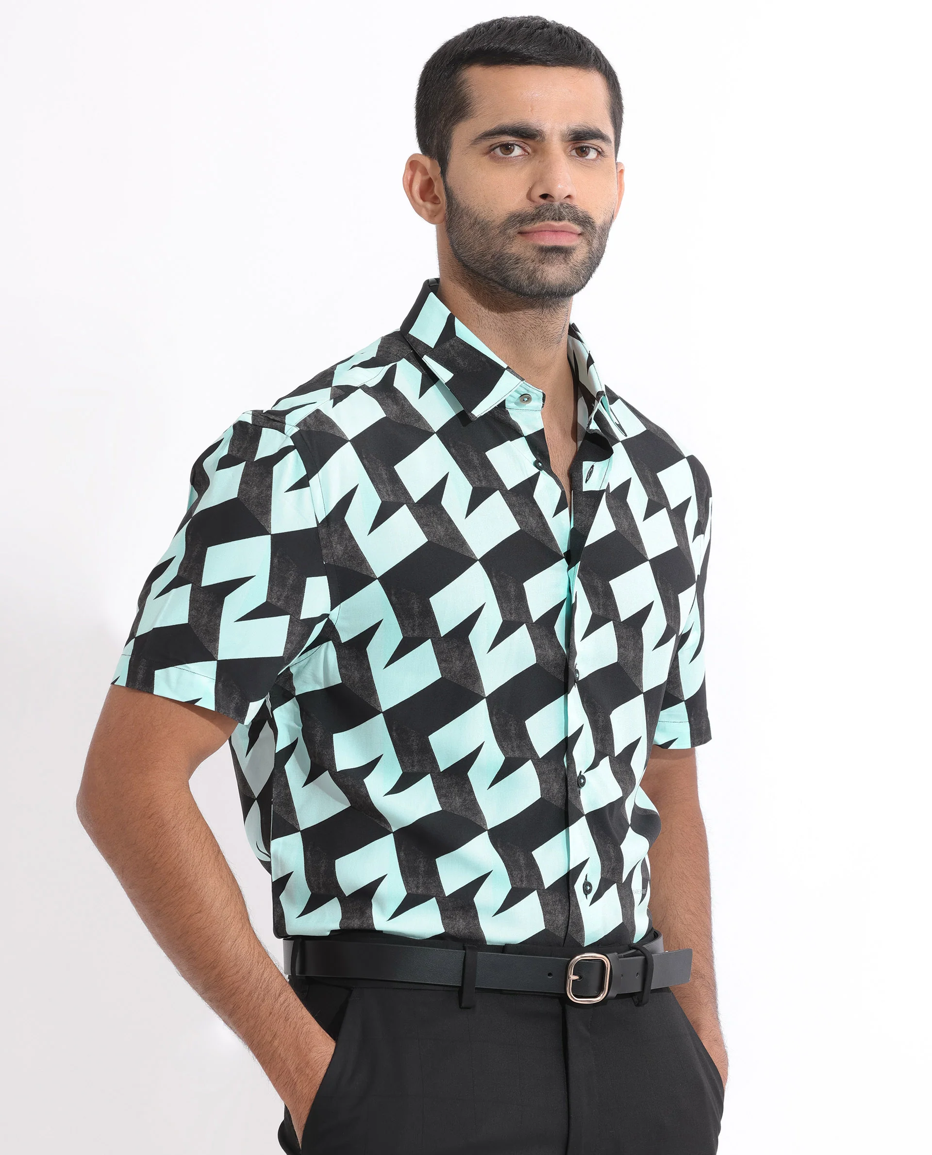 Rare Rabbit Men's Brimmer Light Blue Cotton Geometric Print Regular Fit Half Sleeve Collared Shirt - Image 7
