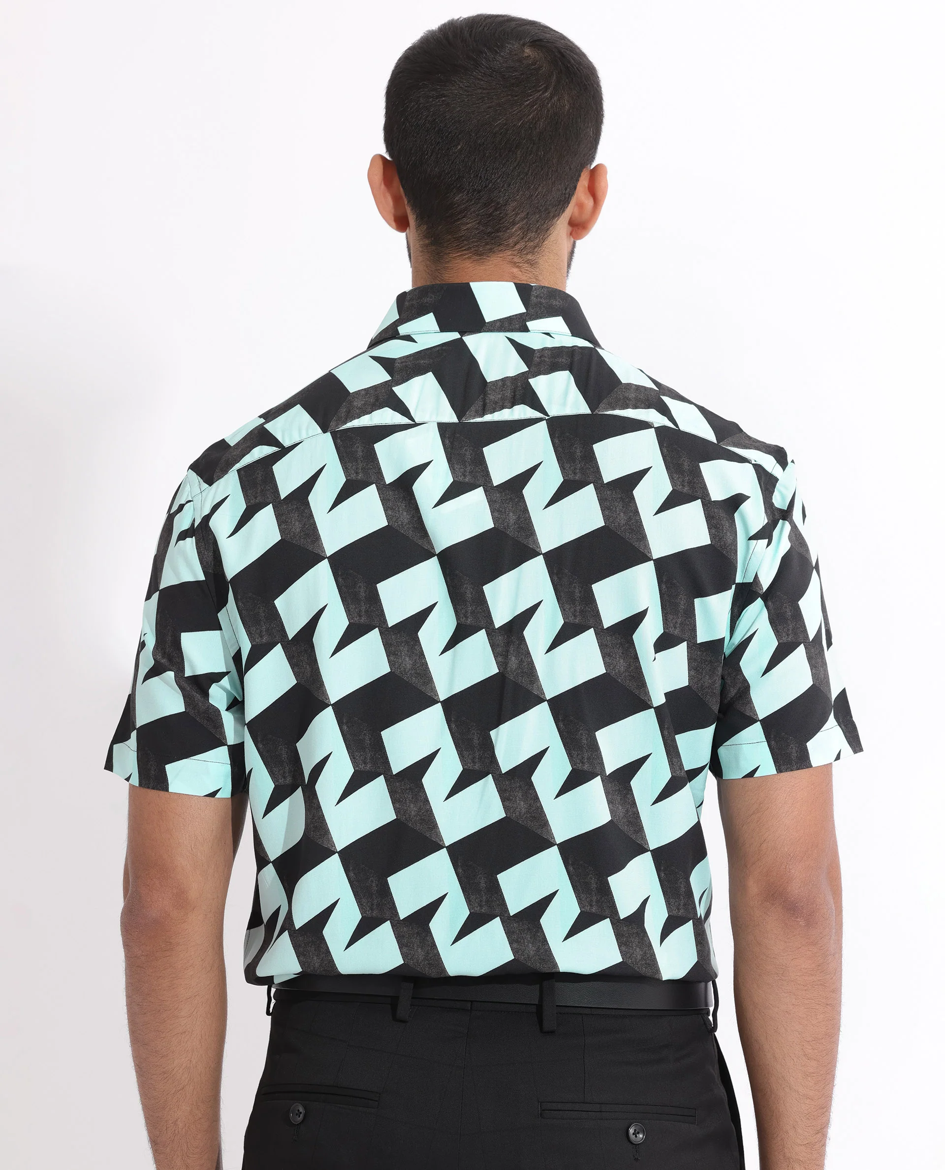 Rare Rabbit Men's Brimmer Light Blue Cotton Geometric Print Regular Fit Half Sleeve Collared Shirt - Image 8