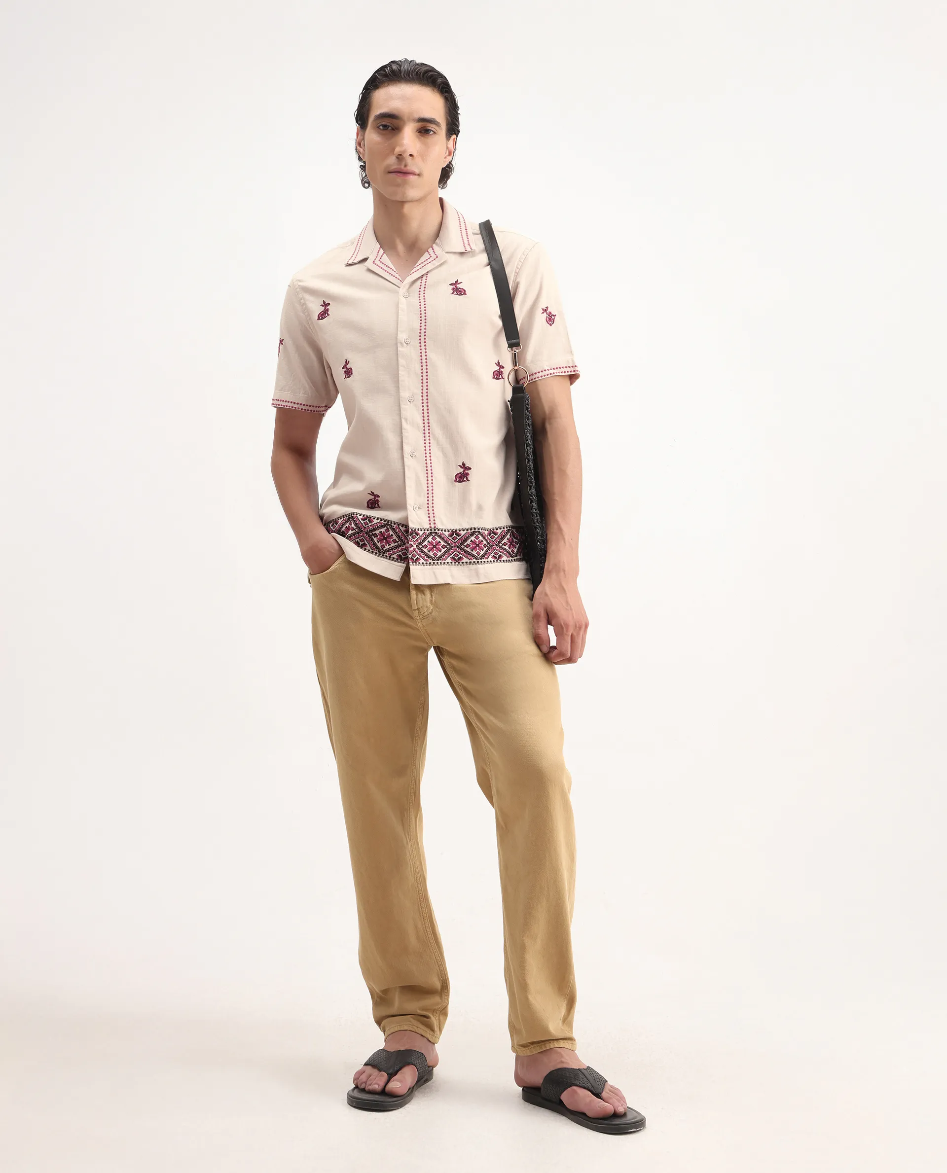 Rare Rabbit Men's Bris Off White Cotton Embroidered Boxy Fit Half Sleeve Cuban Collar Shirt - Image 2
