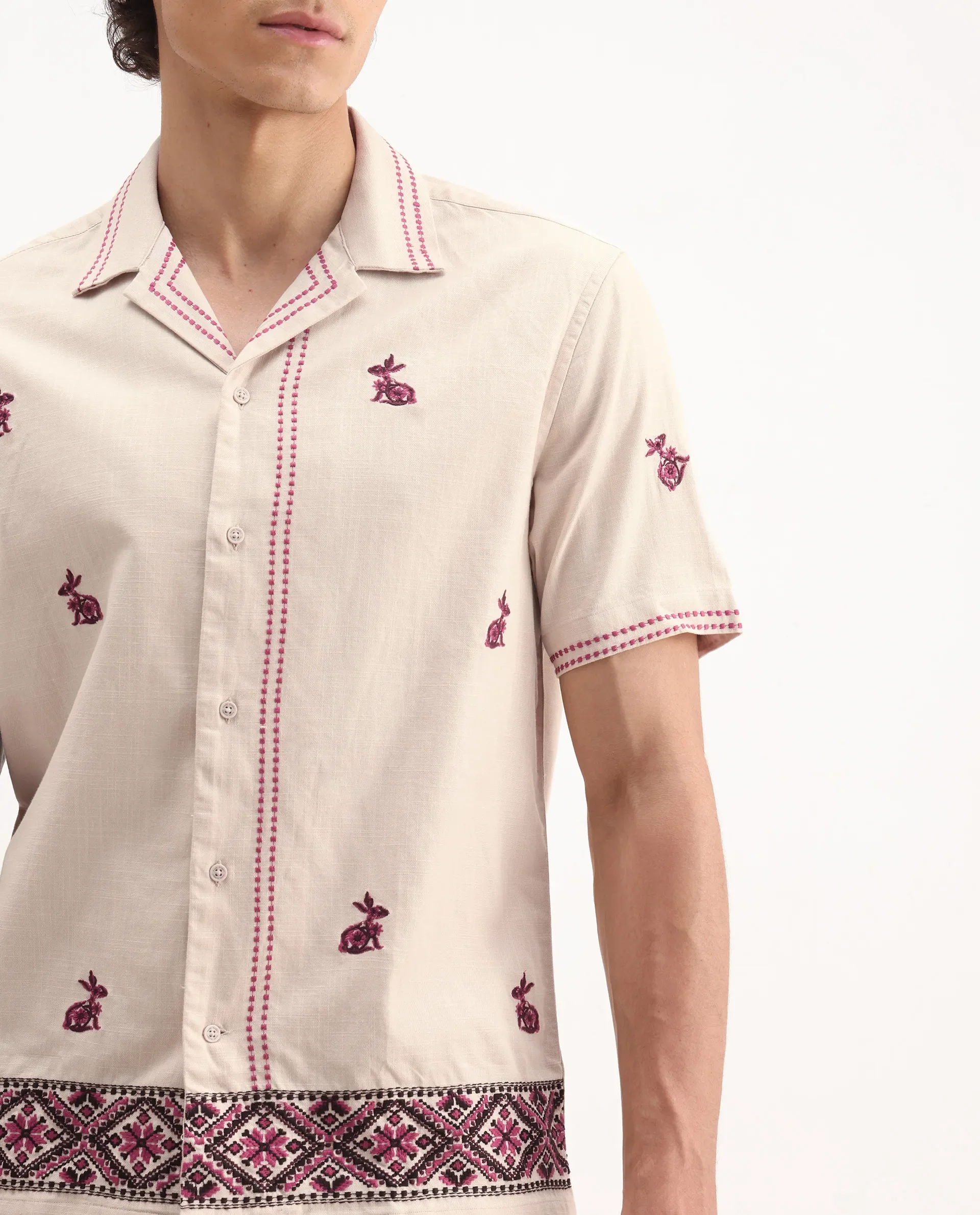 Rare Rabbit Men's Bris Off White Cotton Embroidered Boxy Fit Half Sleeve Cuban Collar Shirt - Image 3