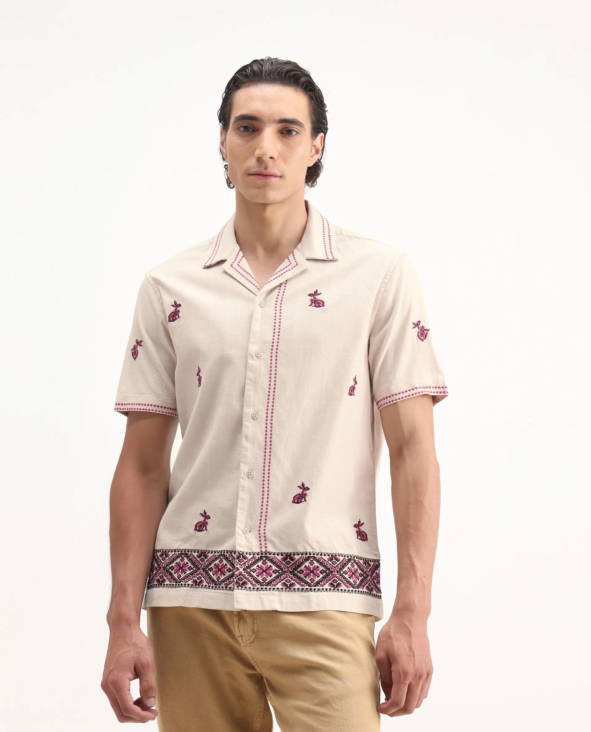 Rare Rabbit Men's Bris Off White Cotton Embroidered Boxy Fit Half Sleeve Cuban Collar Shirt - Image 4