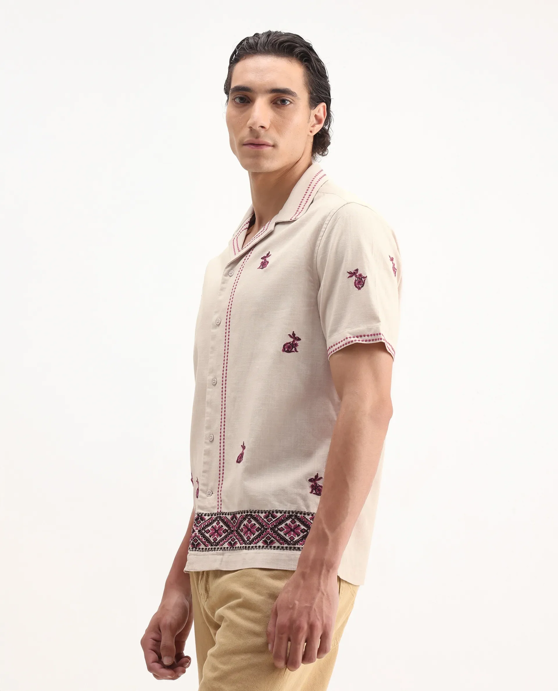 Rare Rabbit Men's Bris Off White Cotton Embroidered Boxy Fit Half Sleeve Cuban Collar Shirt - Image 5