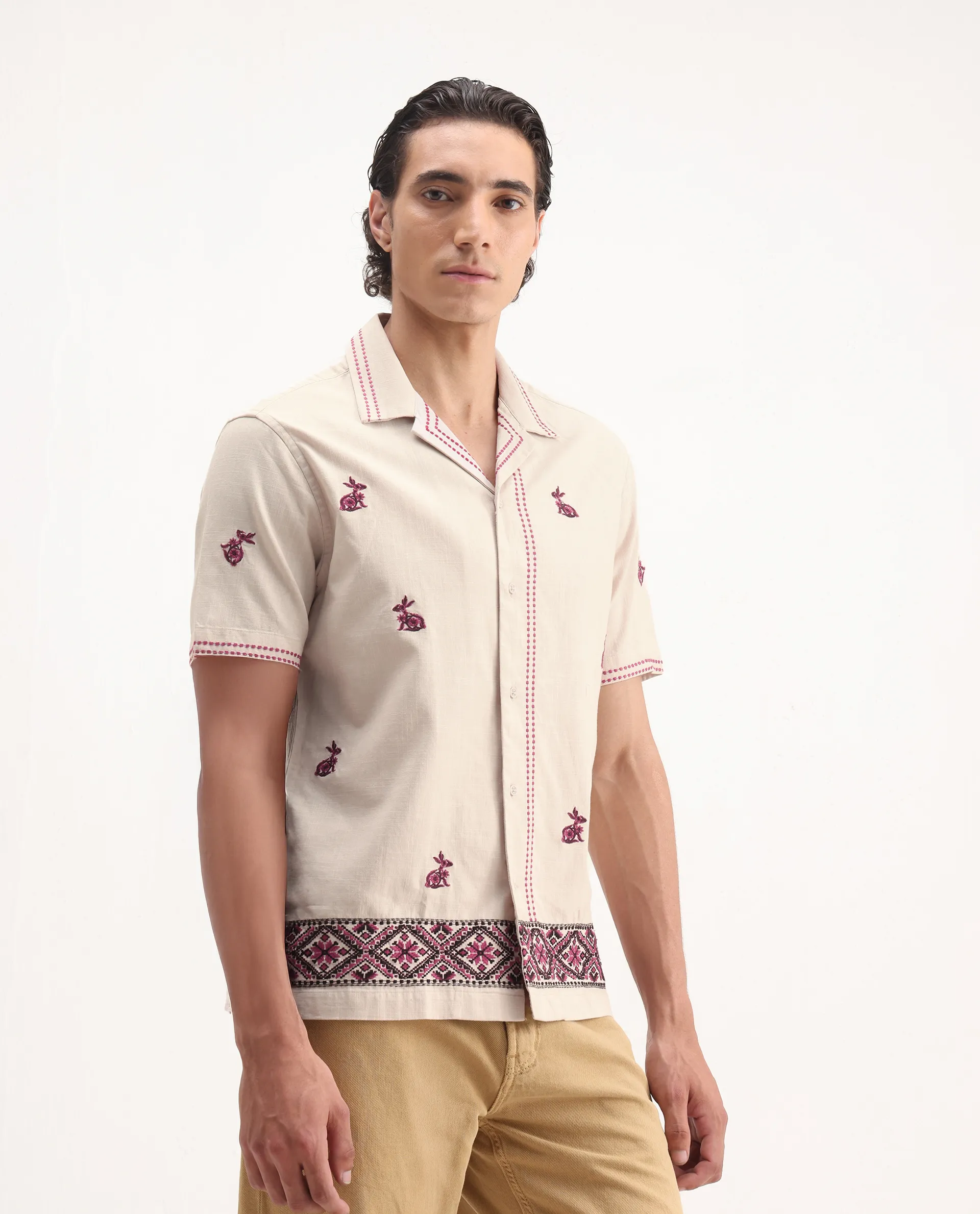 Rare Rabbit Men's Bris Off White Cotton Embroidered Boxy Fit Half Sleeve Cuban Collar Shirt - Image 6