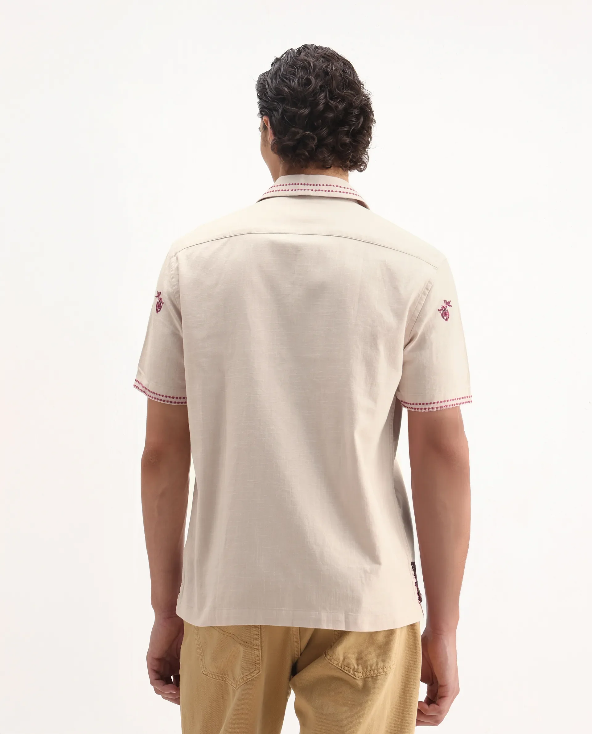 Rare Rabbit Men's Bris Off White Cotton Embroidered Boxy Fit Half Sleeve Cuban Collar Shirt - Image 7