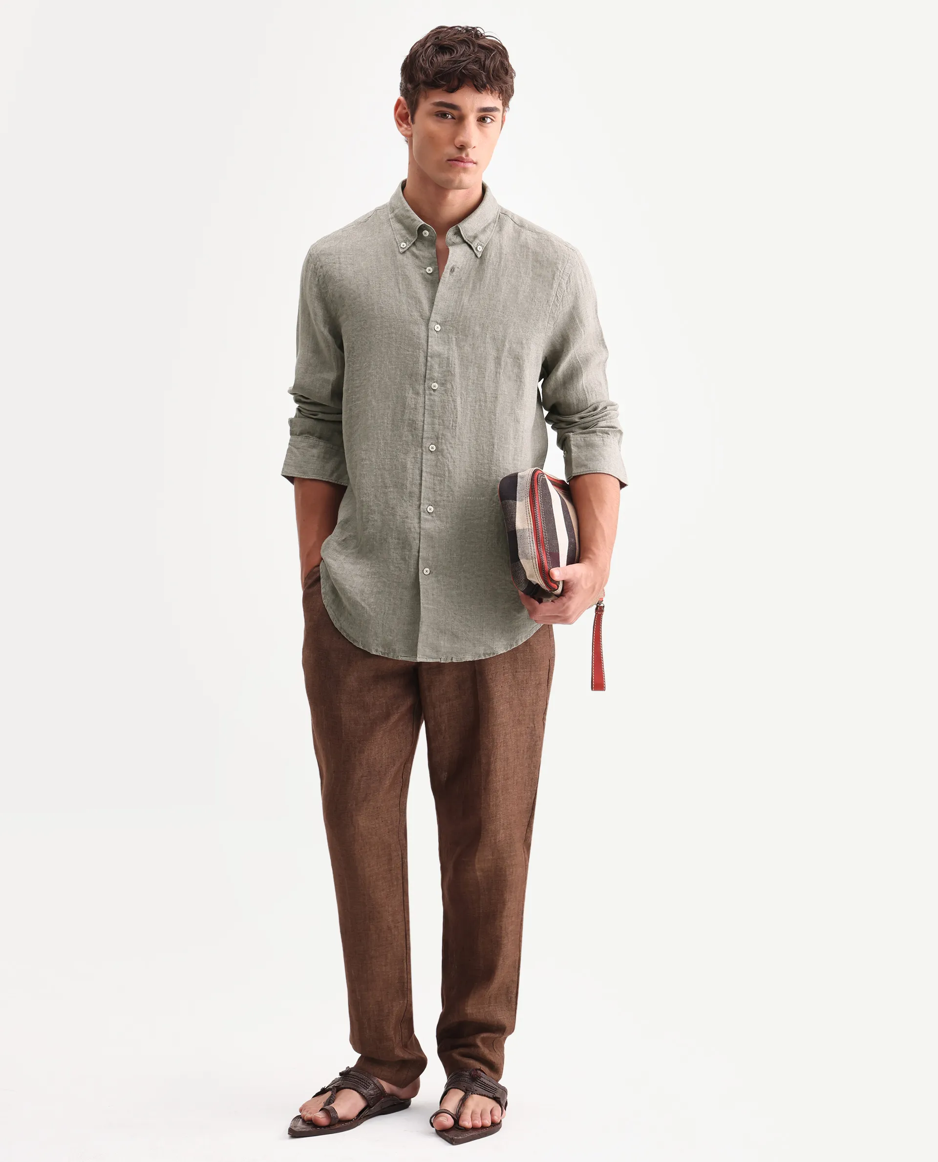 Rare Rabbit Men's Brisbane Ls Brown 100% Linen Plain Regular Fit Full Sleeve Button-Down Collar Shirt - Image 2